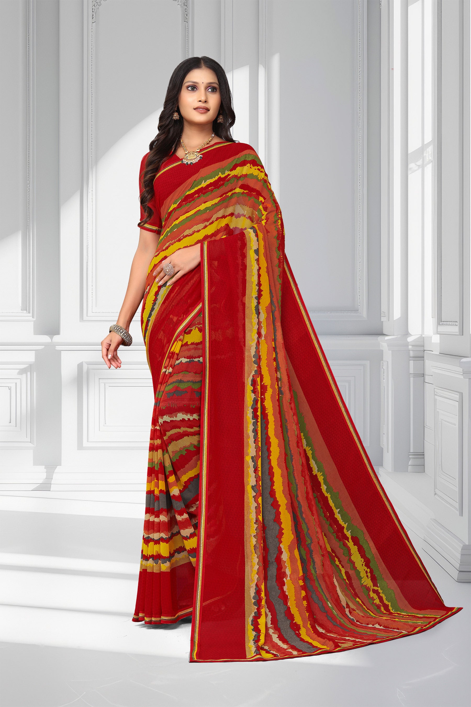 Laxmipati Red Georgette Striped Printed Saree