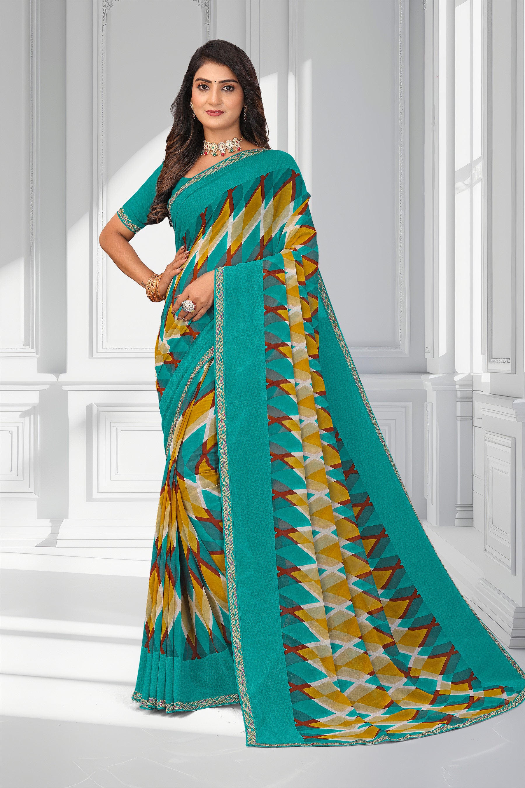 Laxmipati Teal Blue Geometric Printed Saree