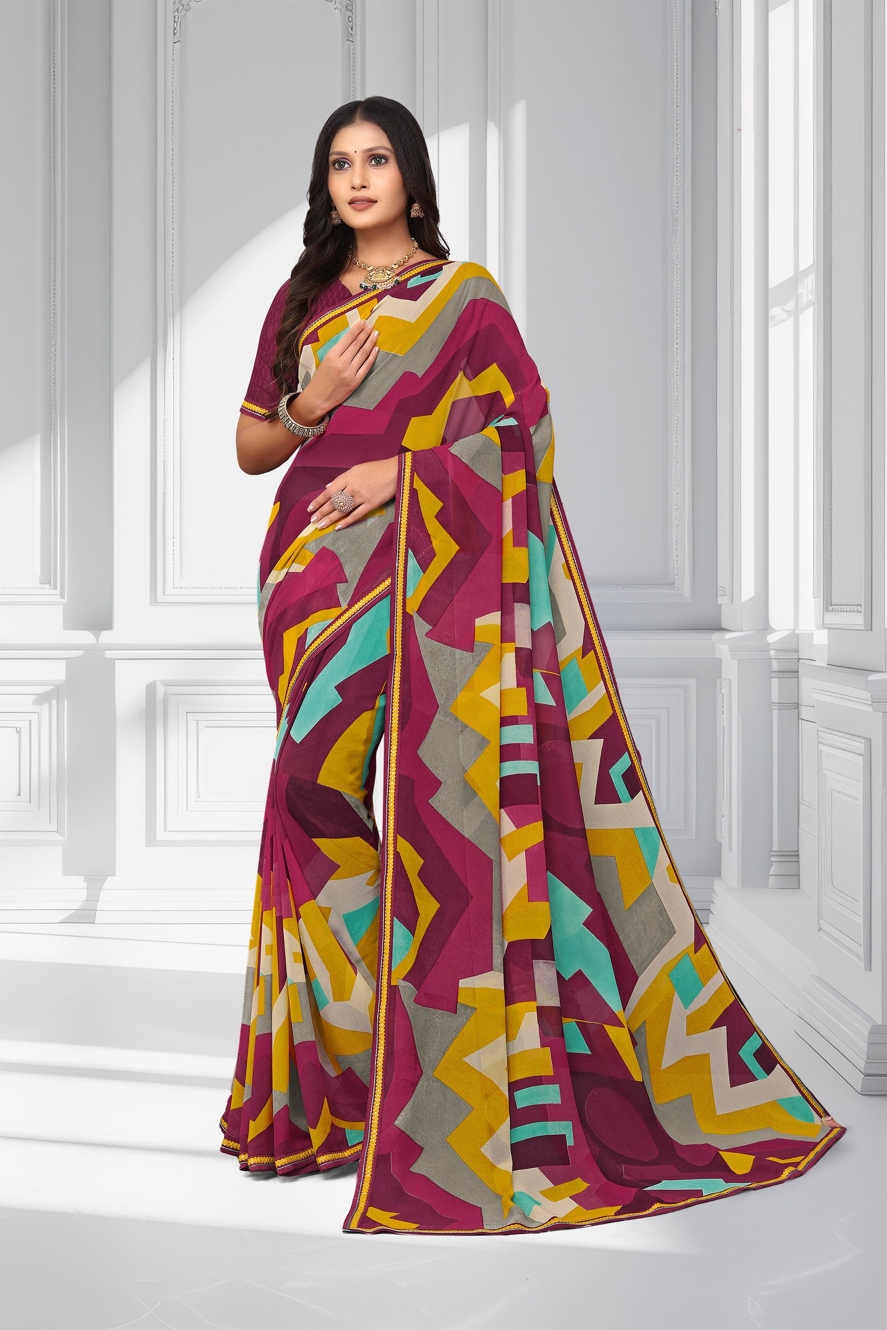 Laxmipati Wine Abstract Printed Saree