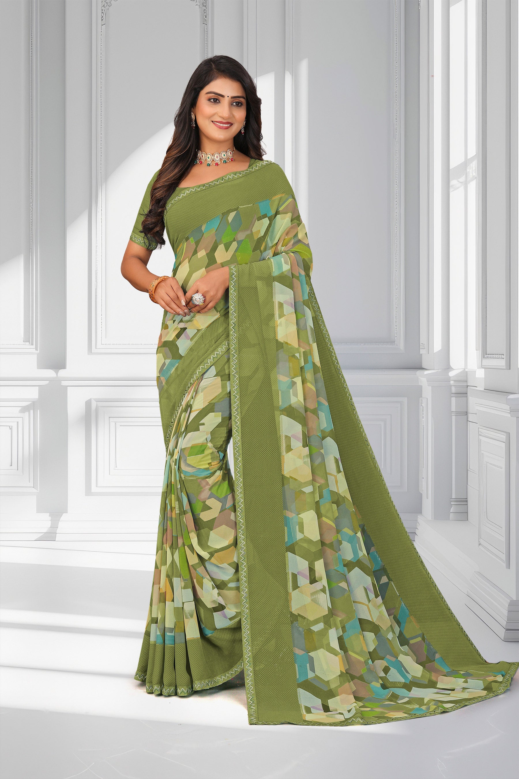 Laxmipati Green Georgette Geometric Printed Saree