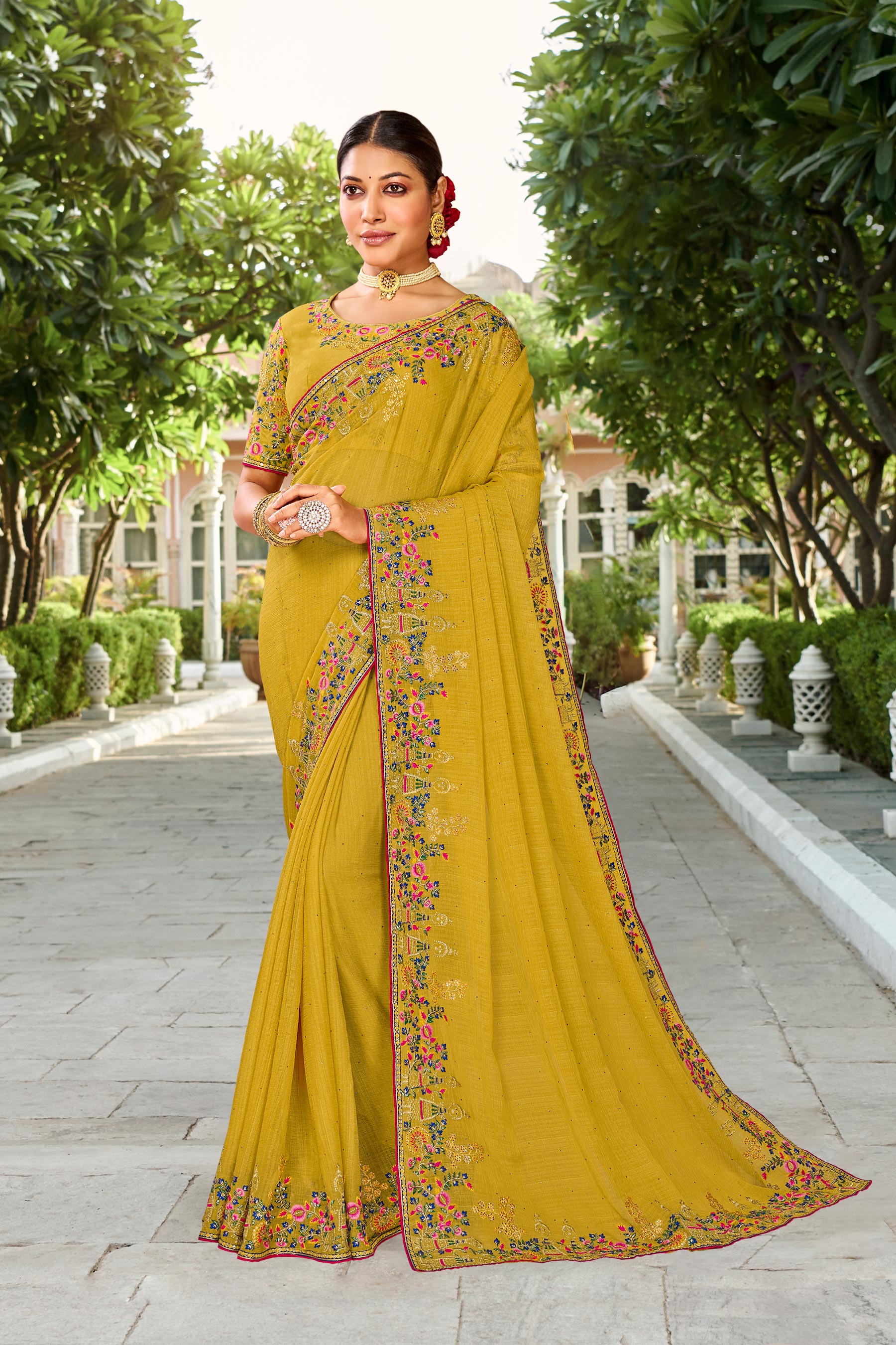 Laxmipati Falooda Floral Embroidered along with Stone Work Chiffon Saree in Ochre Yellow Color with Unstitched Blouse