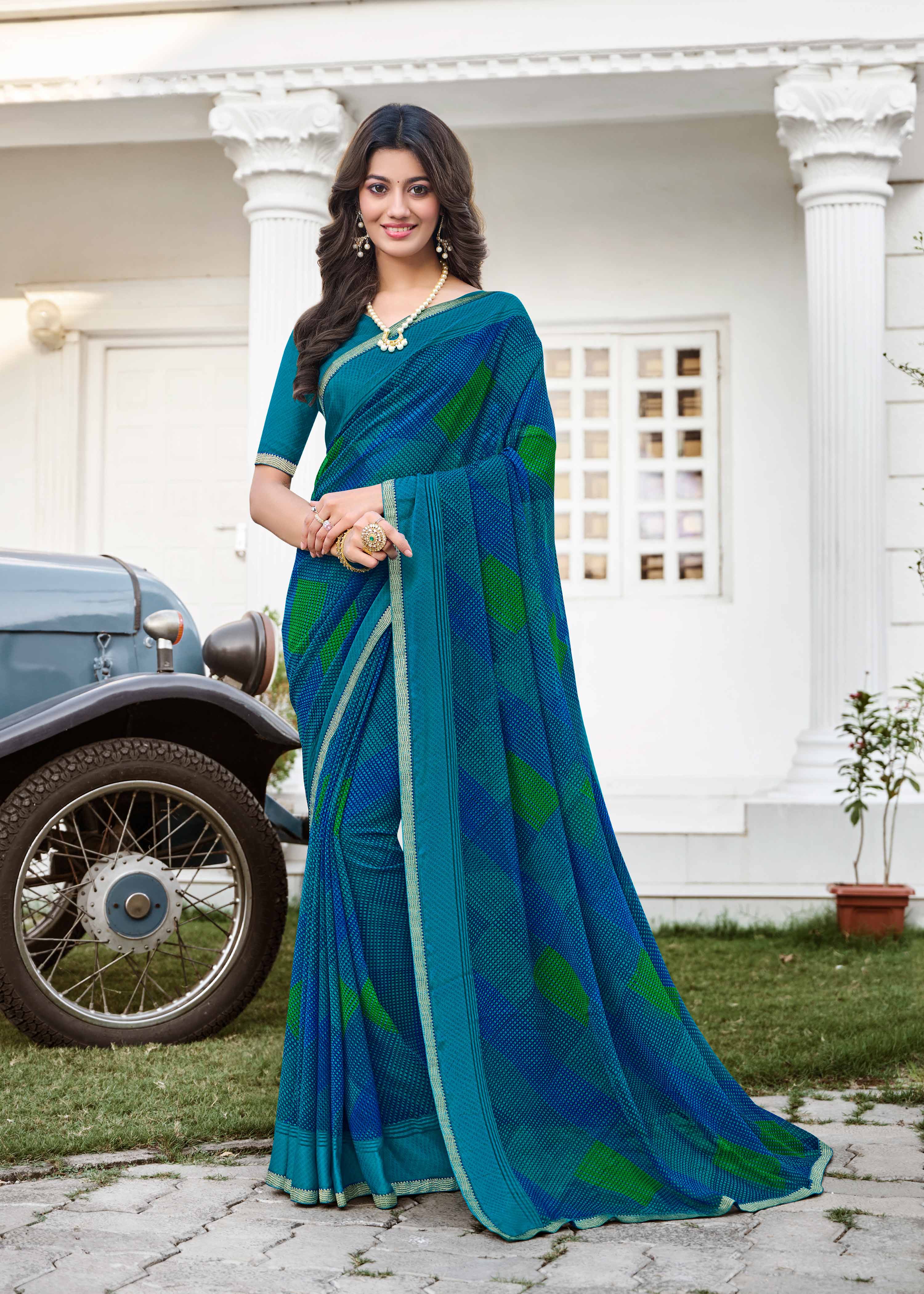 Blue Abstract Printed Georgette Saree - Zoya