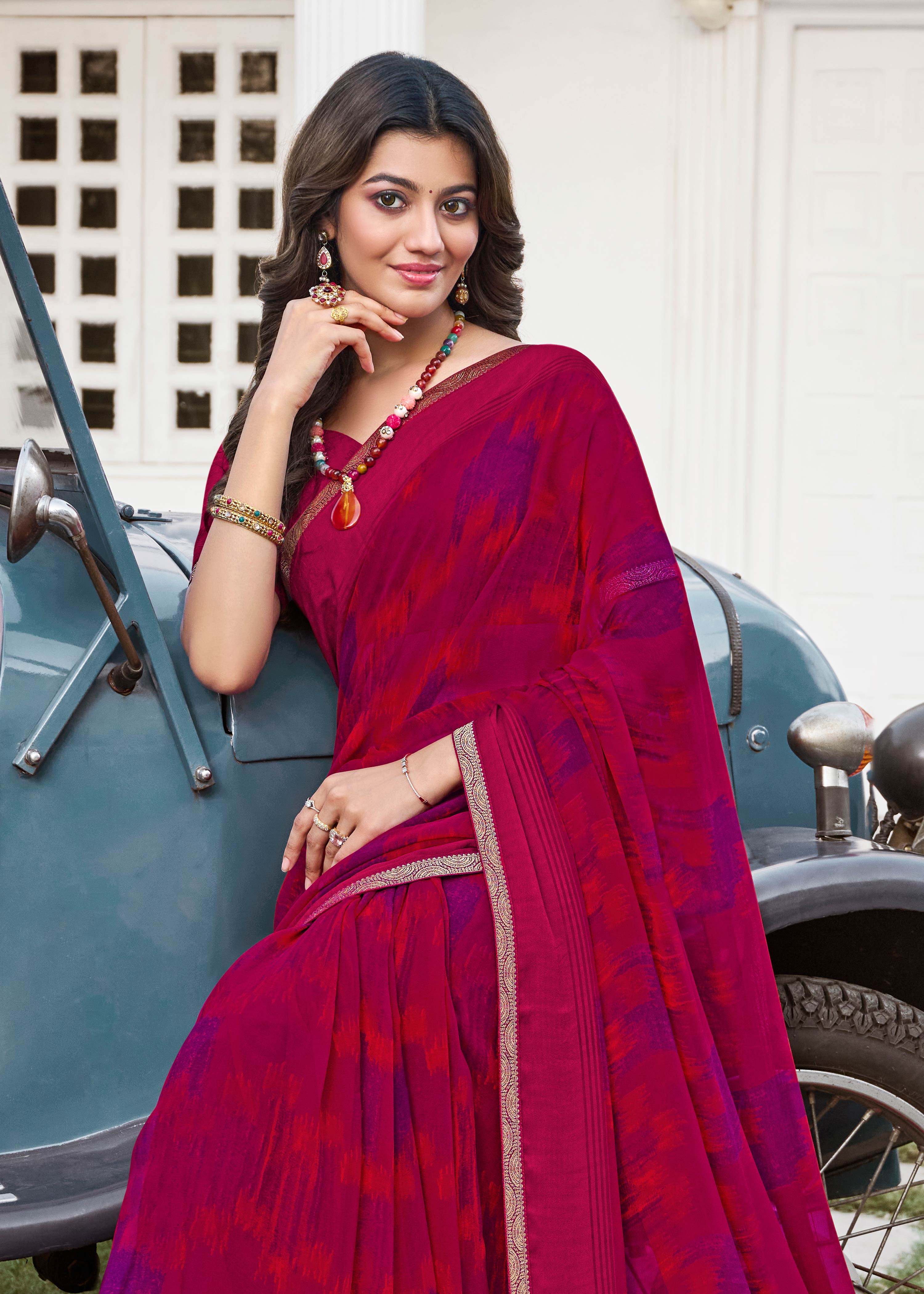 Ready to Wear Pink Abstract Printed Georgette Saree - Zoya