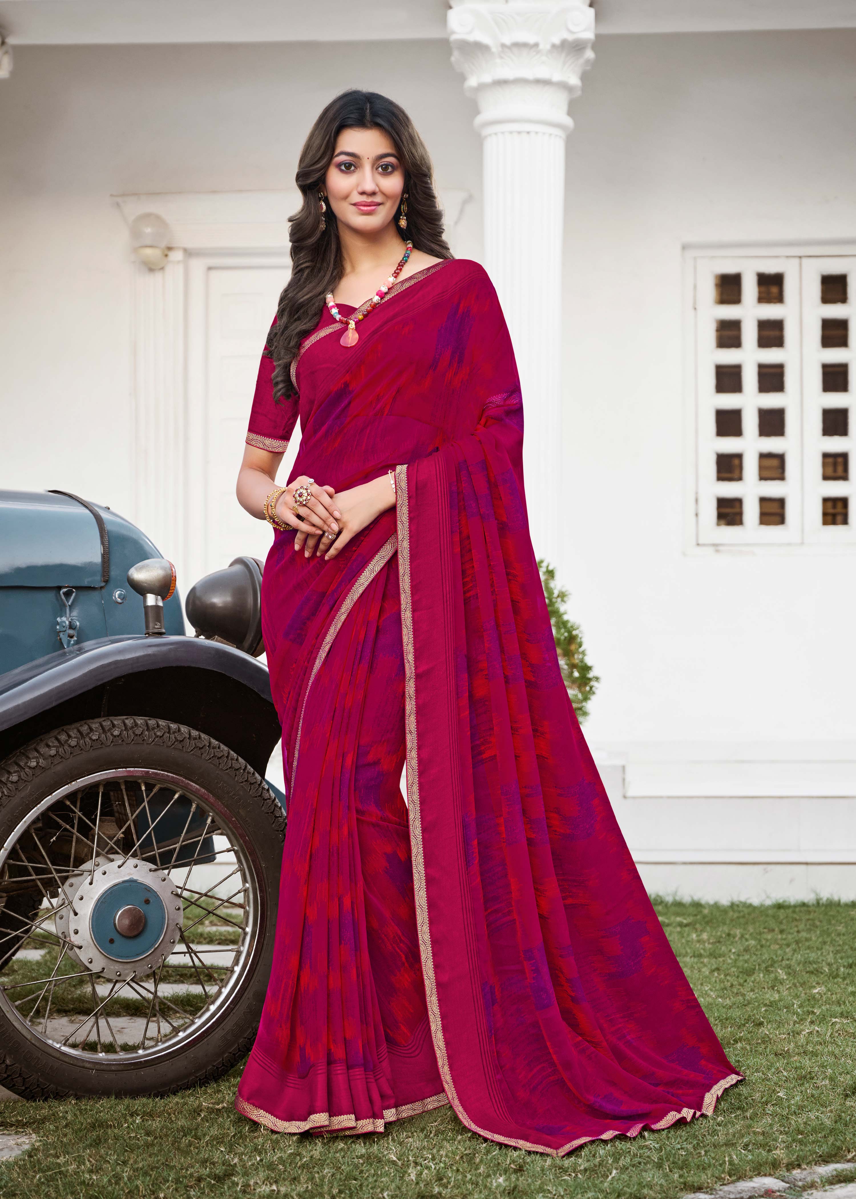 Ready to Wear Pink Abstract Printed Georgette Saree - Zoya