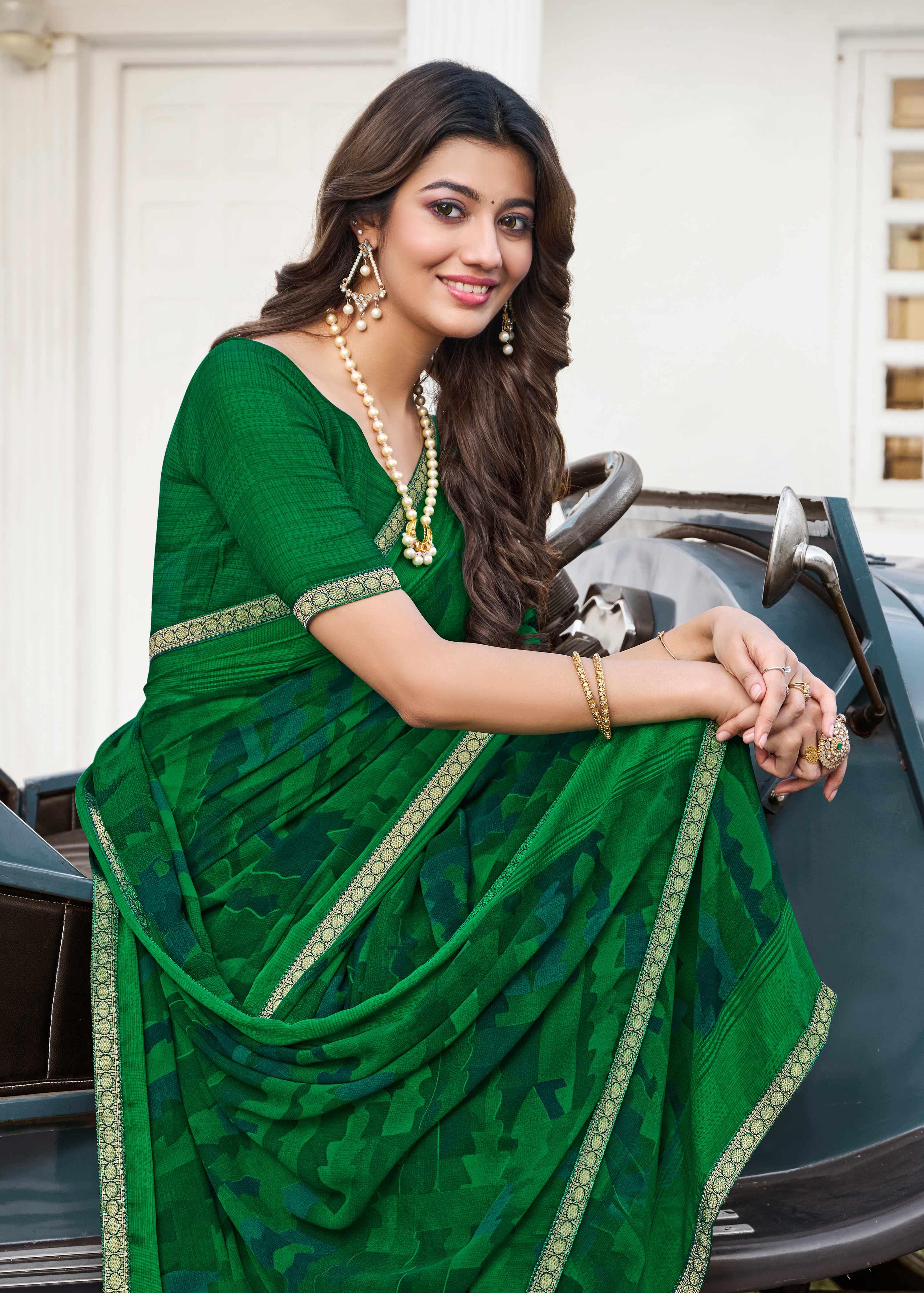 Ready to Wear Green Abstract Printed Georgette Saree - Zoya