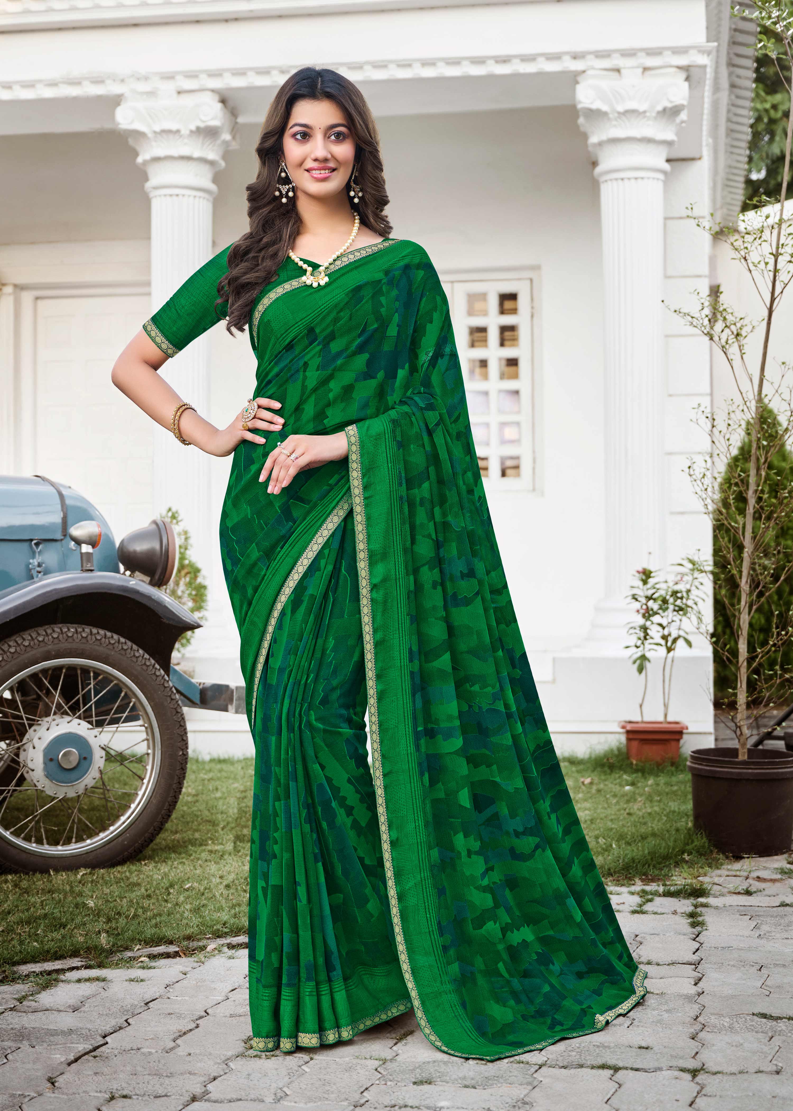 Ready to Wear Green Abstract Printed Georgette Saree - Zoya