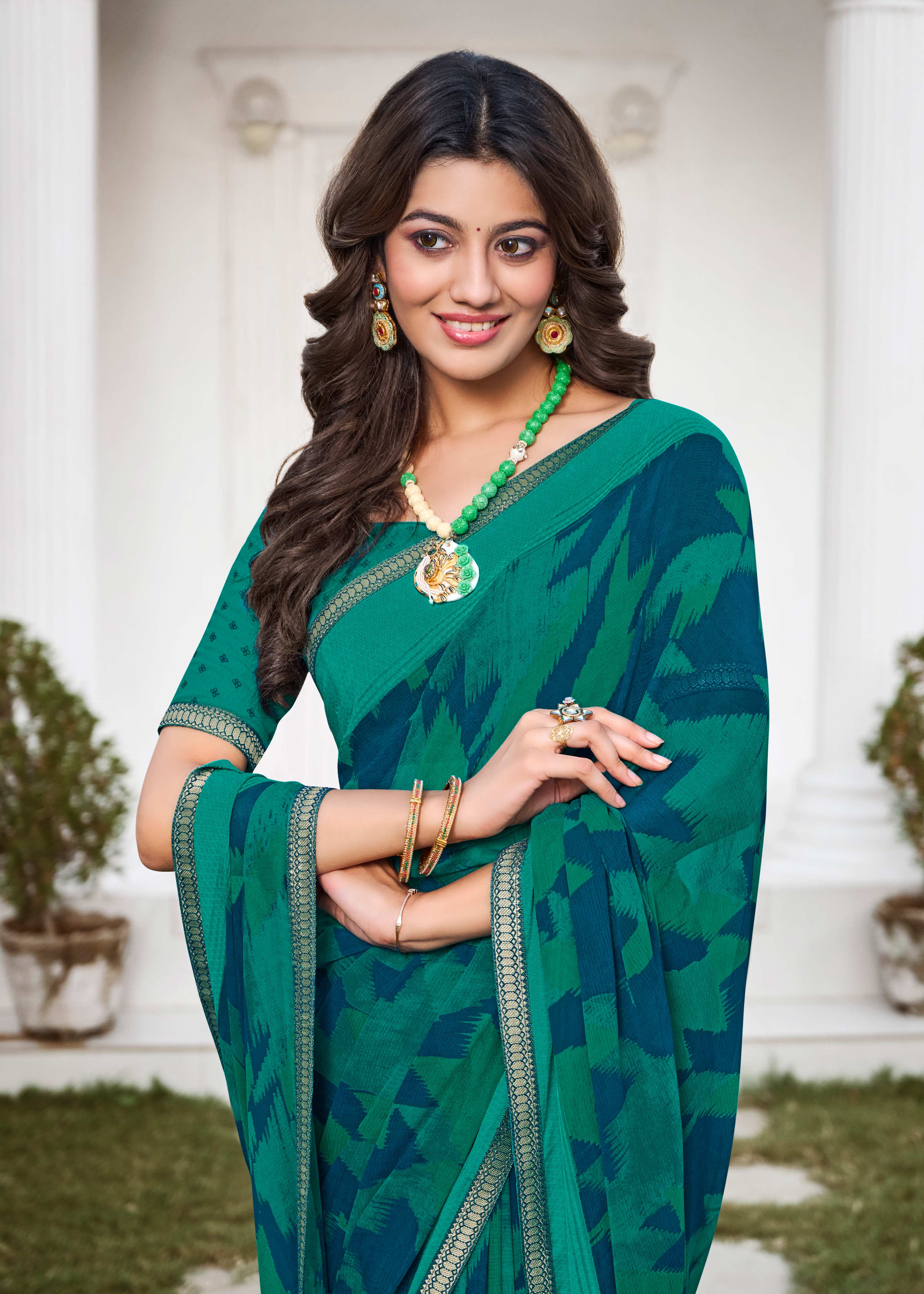 Turquoise Abstract Printed Georgette Saree - Zoya