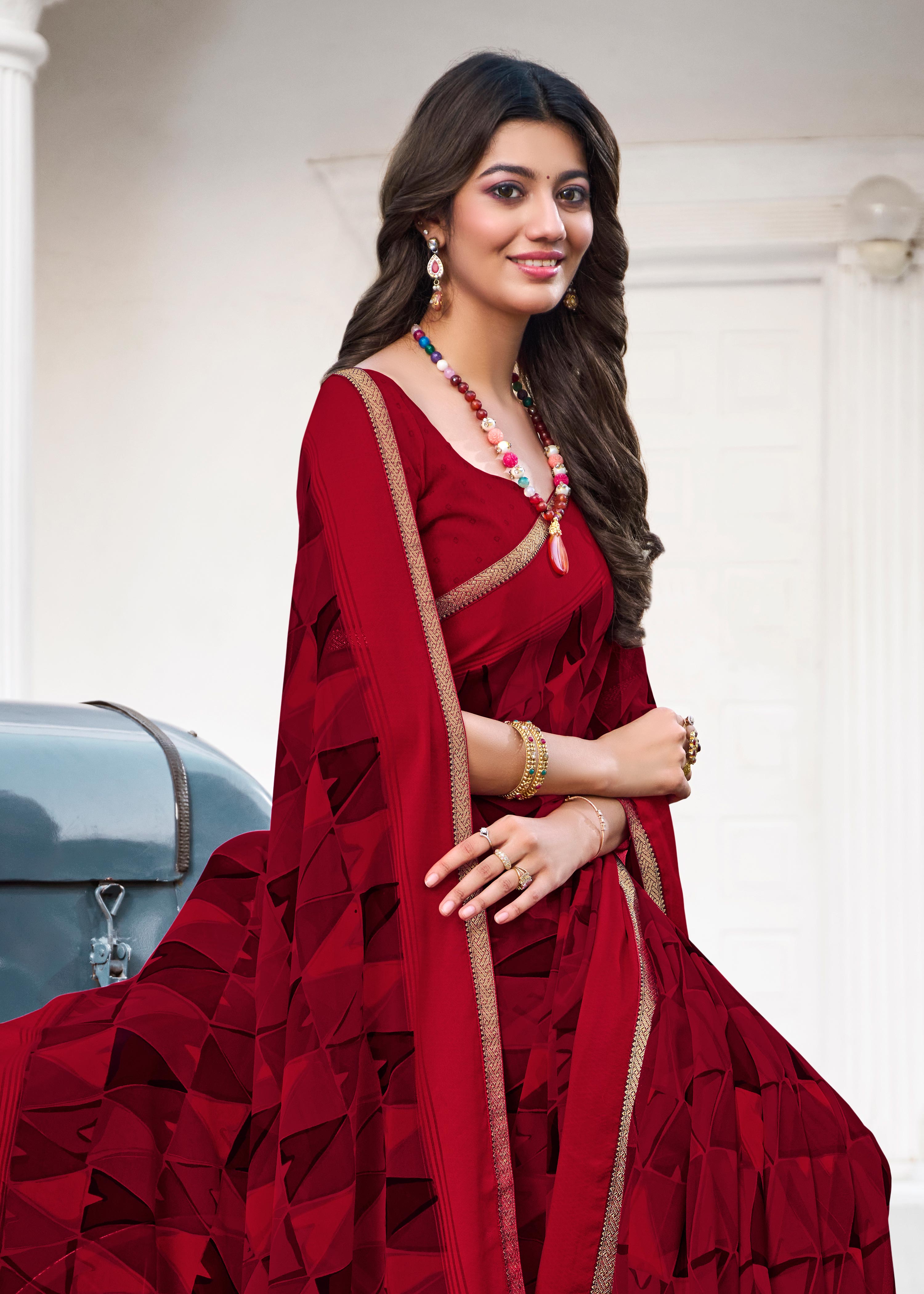Maroon Geometric Printed Georgette Saree - Zoya
