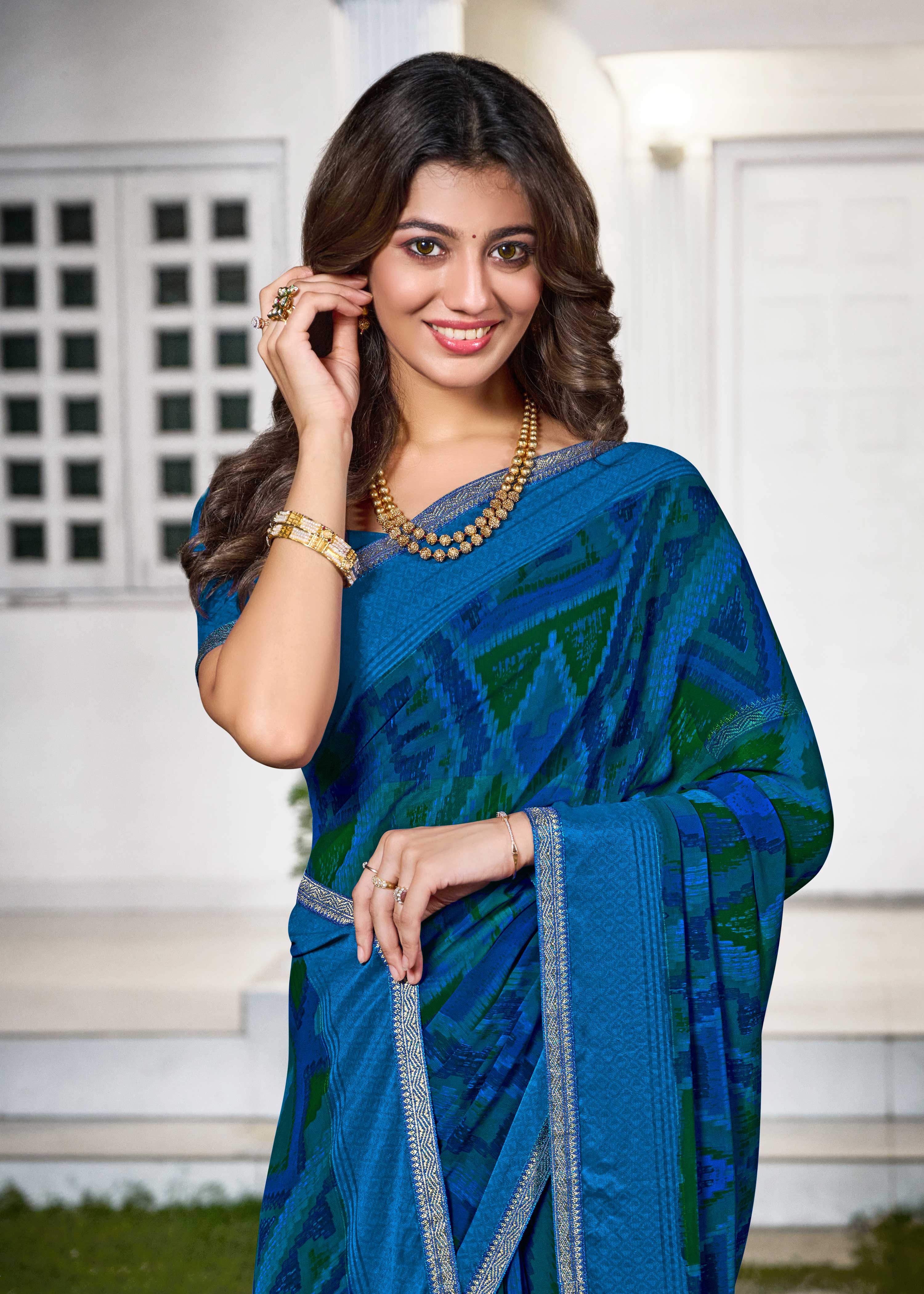 Blue Geometric Printed Georgette Saree - Zoya