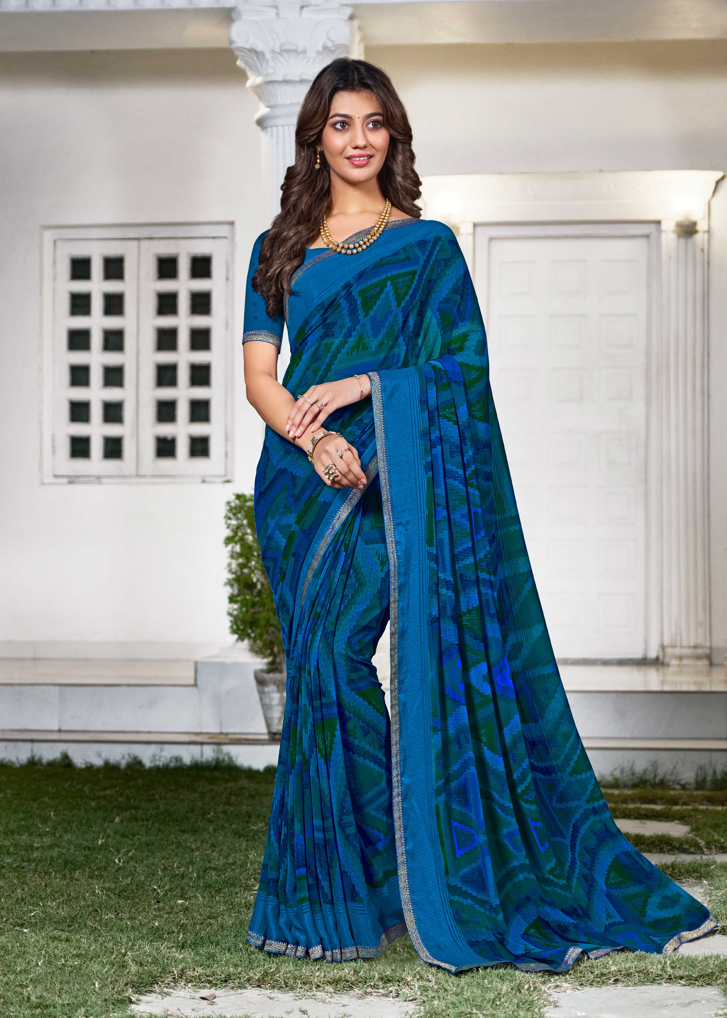 Blue Geometric Printed Georgette Saree - Zoya