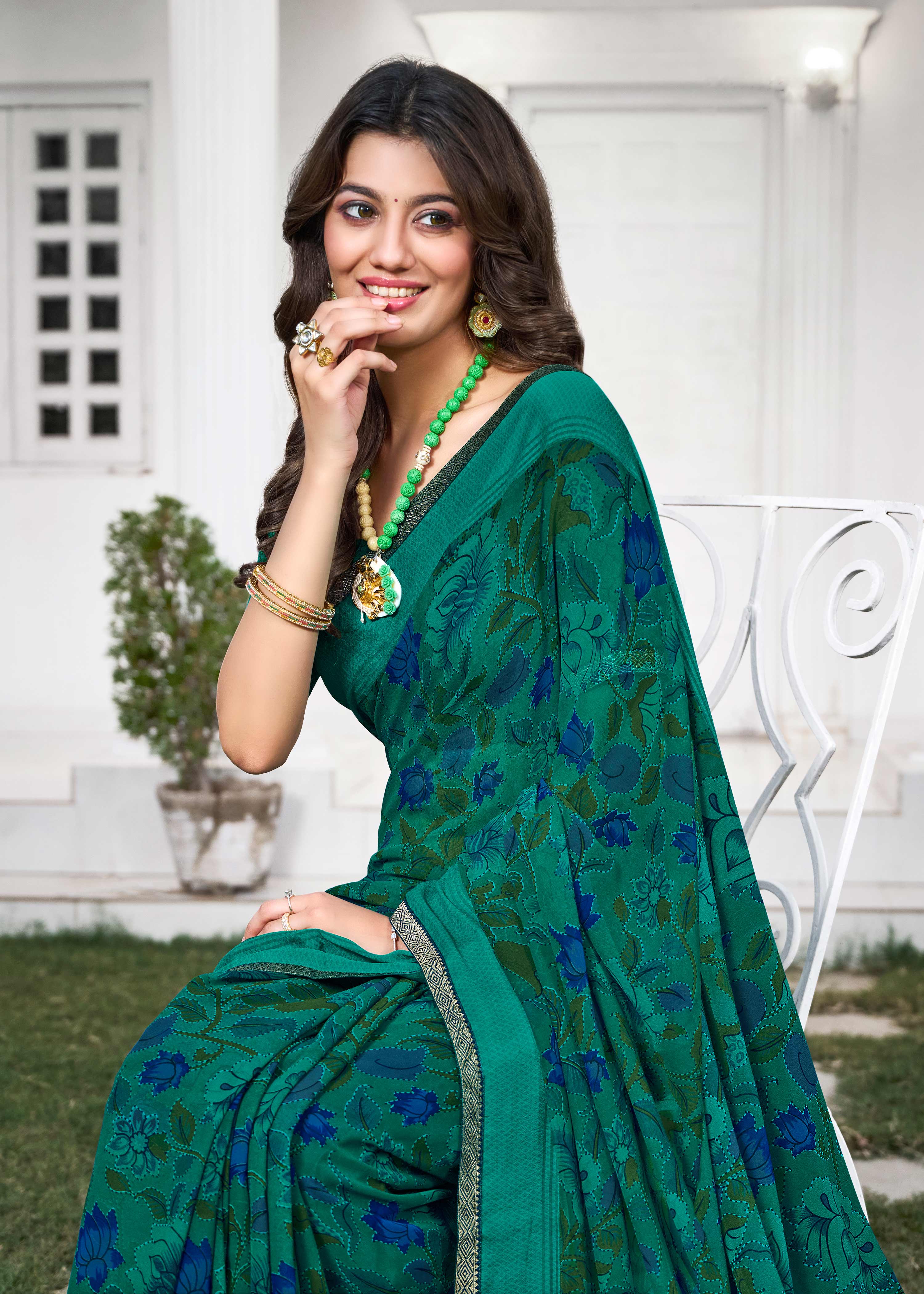 Turquoise Floral Printed Georgette Saree - Zoya