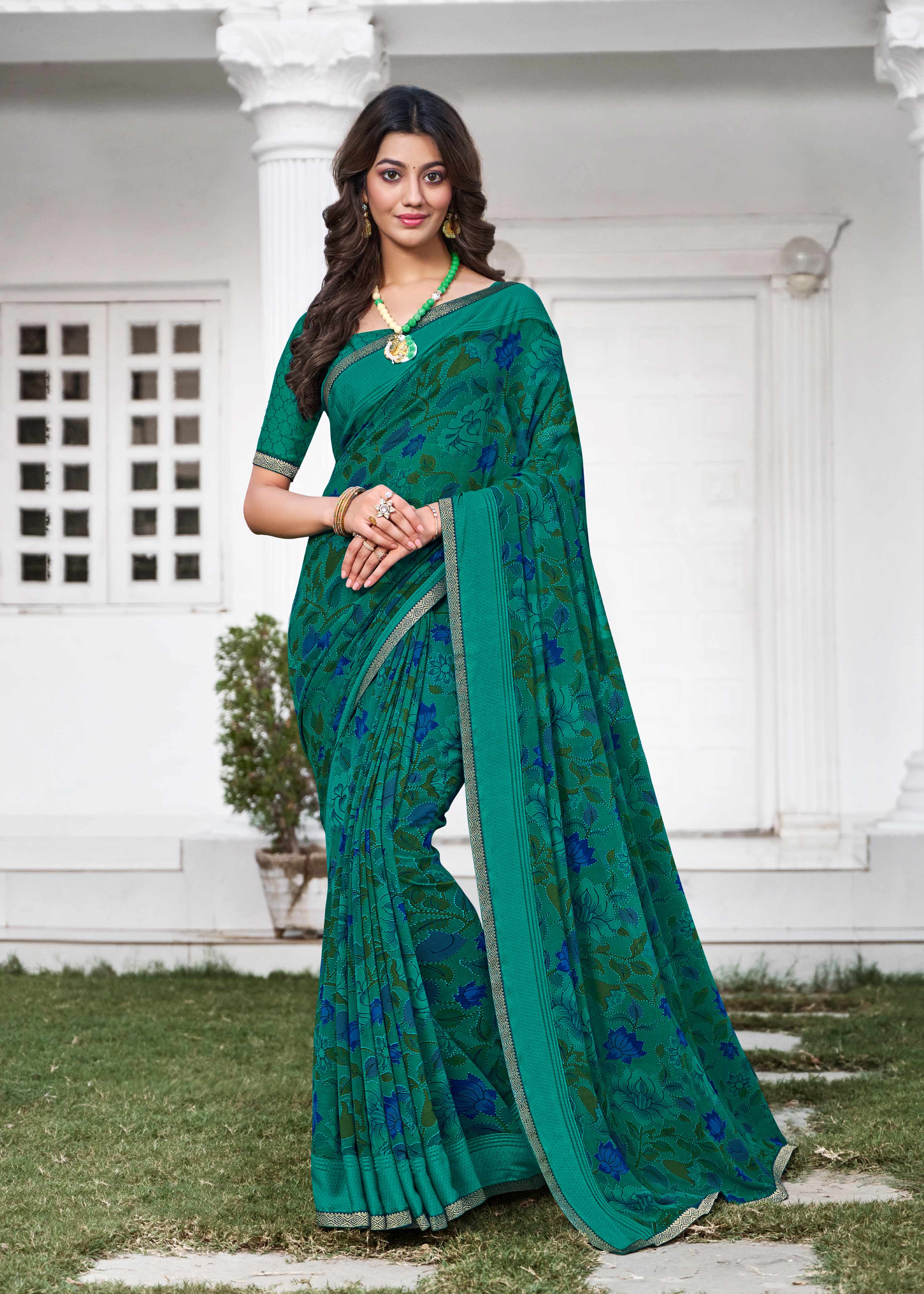 Turquoise Floral Printed Georgette Saree - Zoya