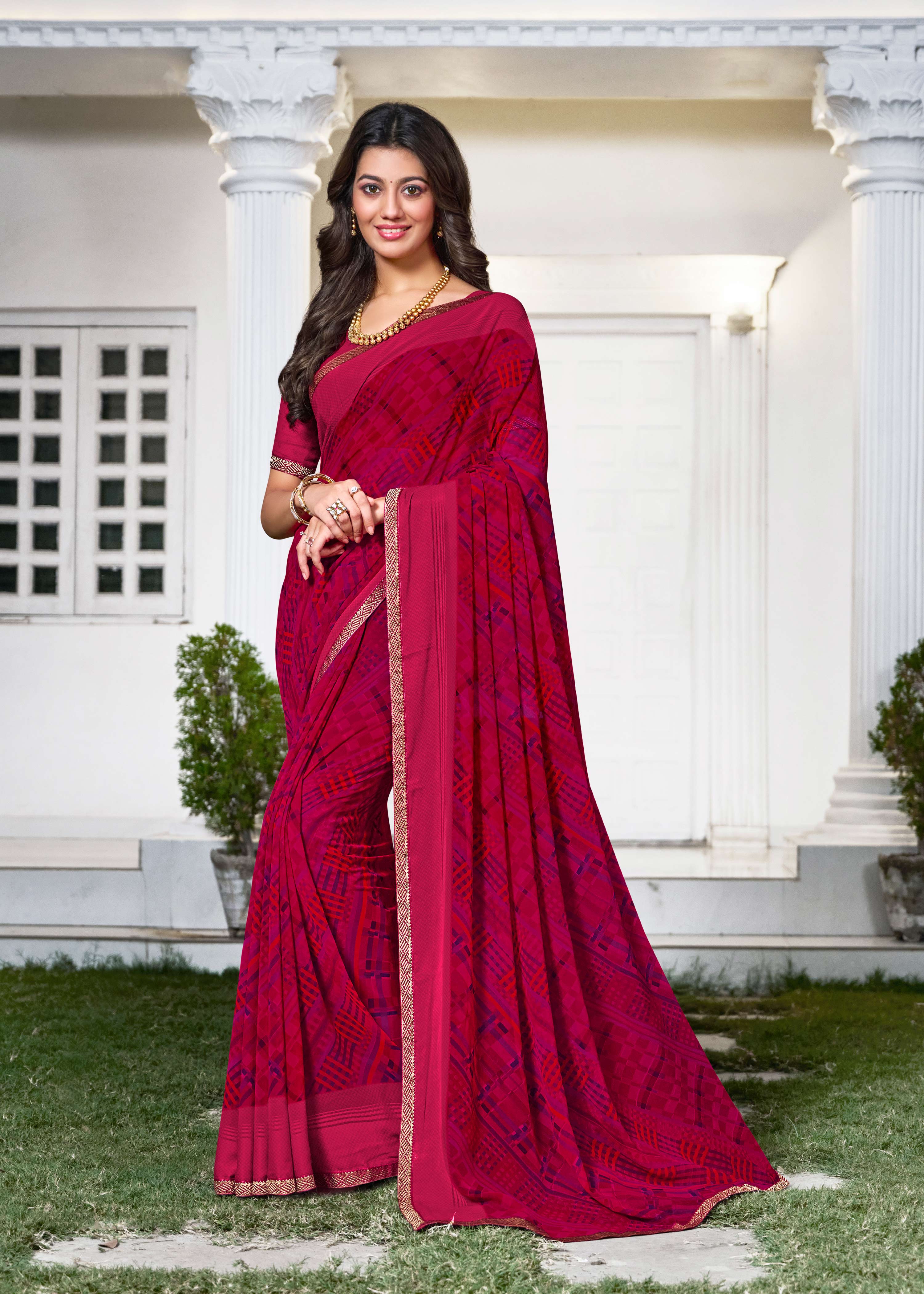 Pink Abstract Printed Georgette Saree - Zoya