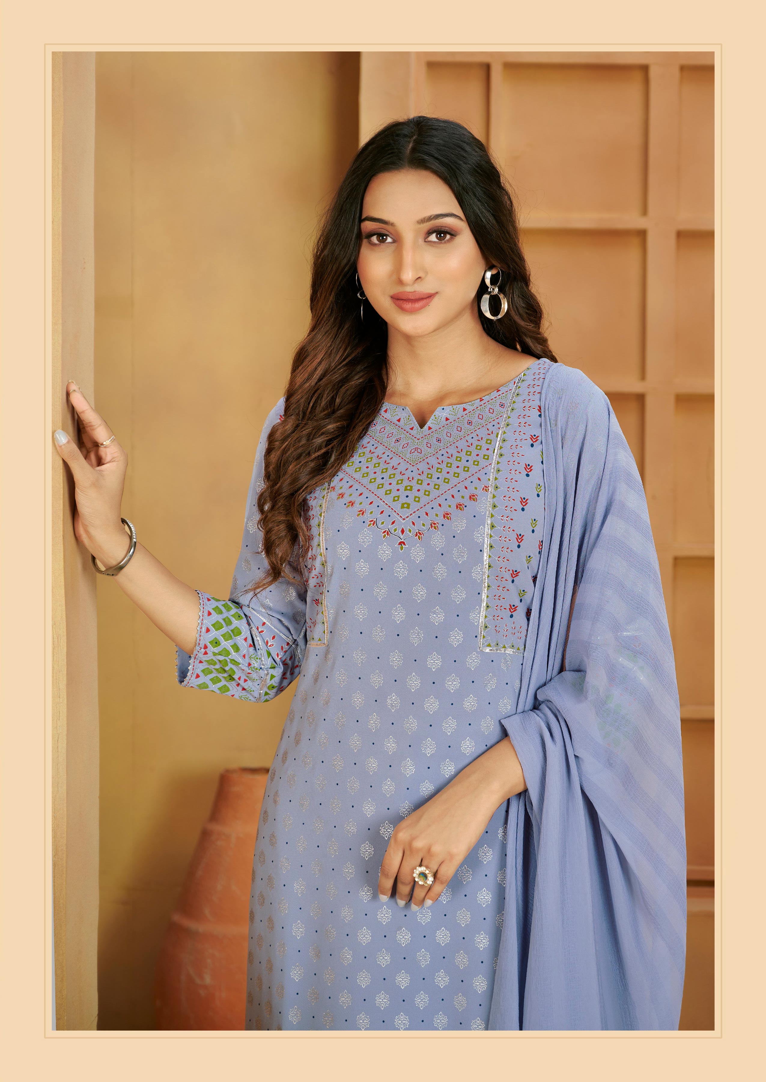 Laxmipati Gulabo Foil-Printed Straight Kurta Set with Trousers & Dupatta in Blue Color