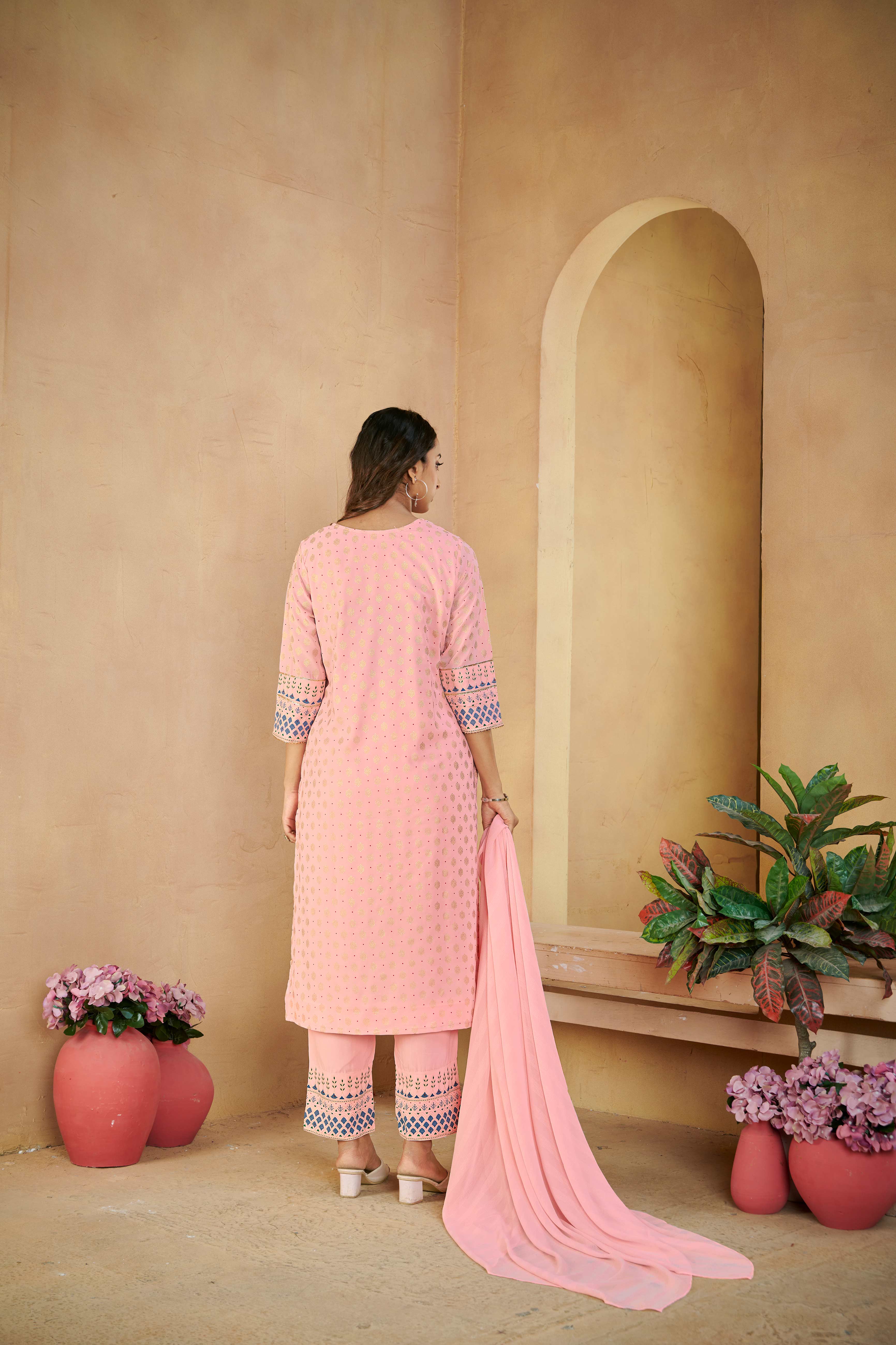 Laxmipati Gulabo Foil-Printed Straight Kurta Set with Trousers & Dupatta in Pink Color