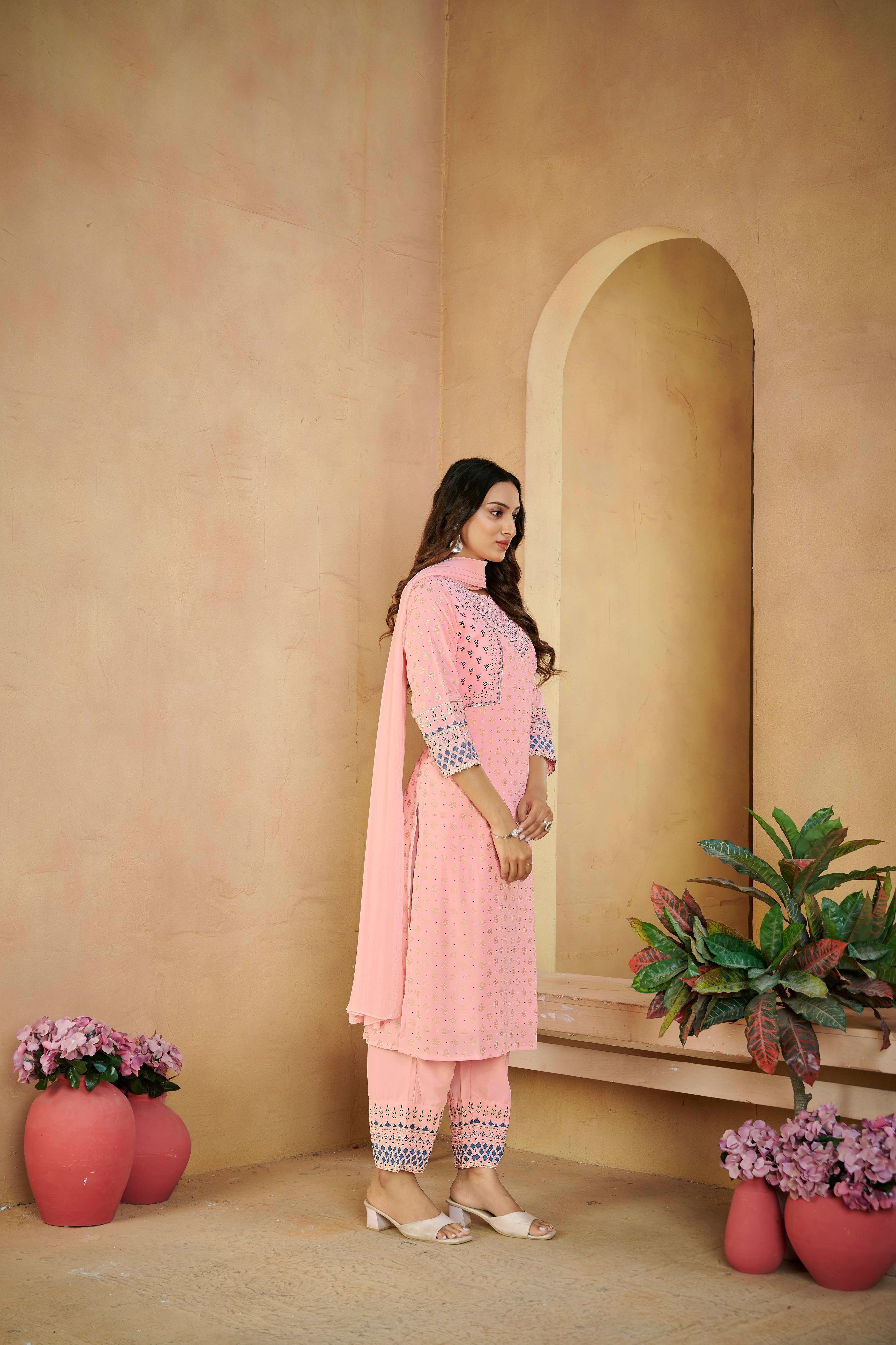 Laxmipati Gulabo Foil-Printed Straight Kurta Set with Trousers & Dupatta in Pink Color
