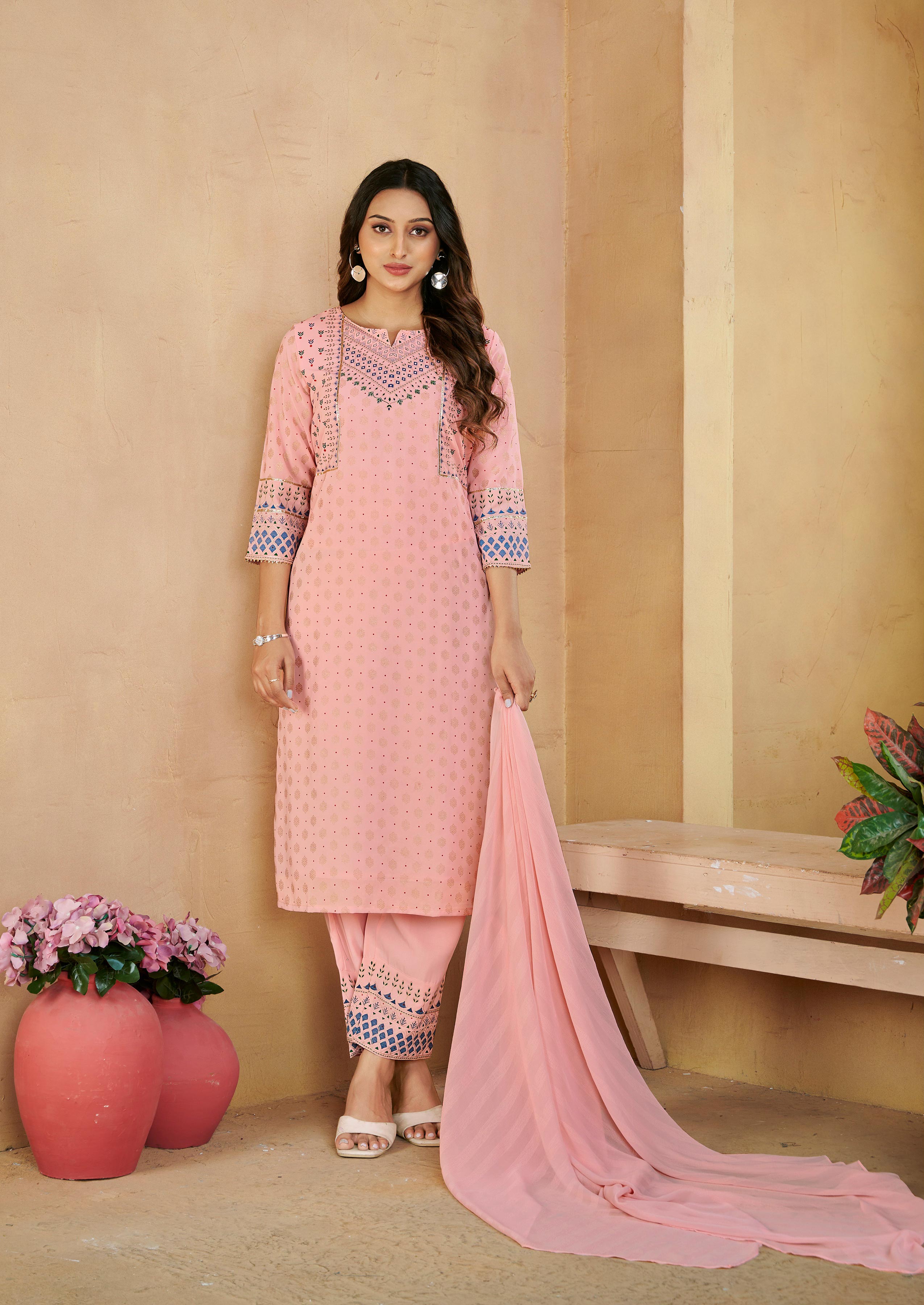 Laxmipati Gulabo Foil-Printed Straight Kurta Set with Trousers & Dupatta in Pink Color