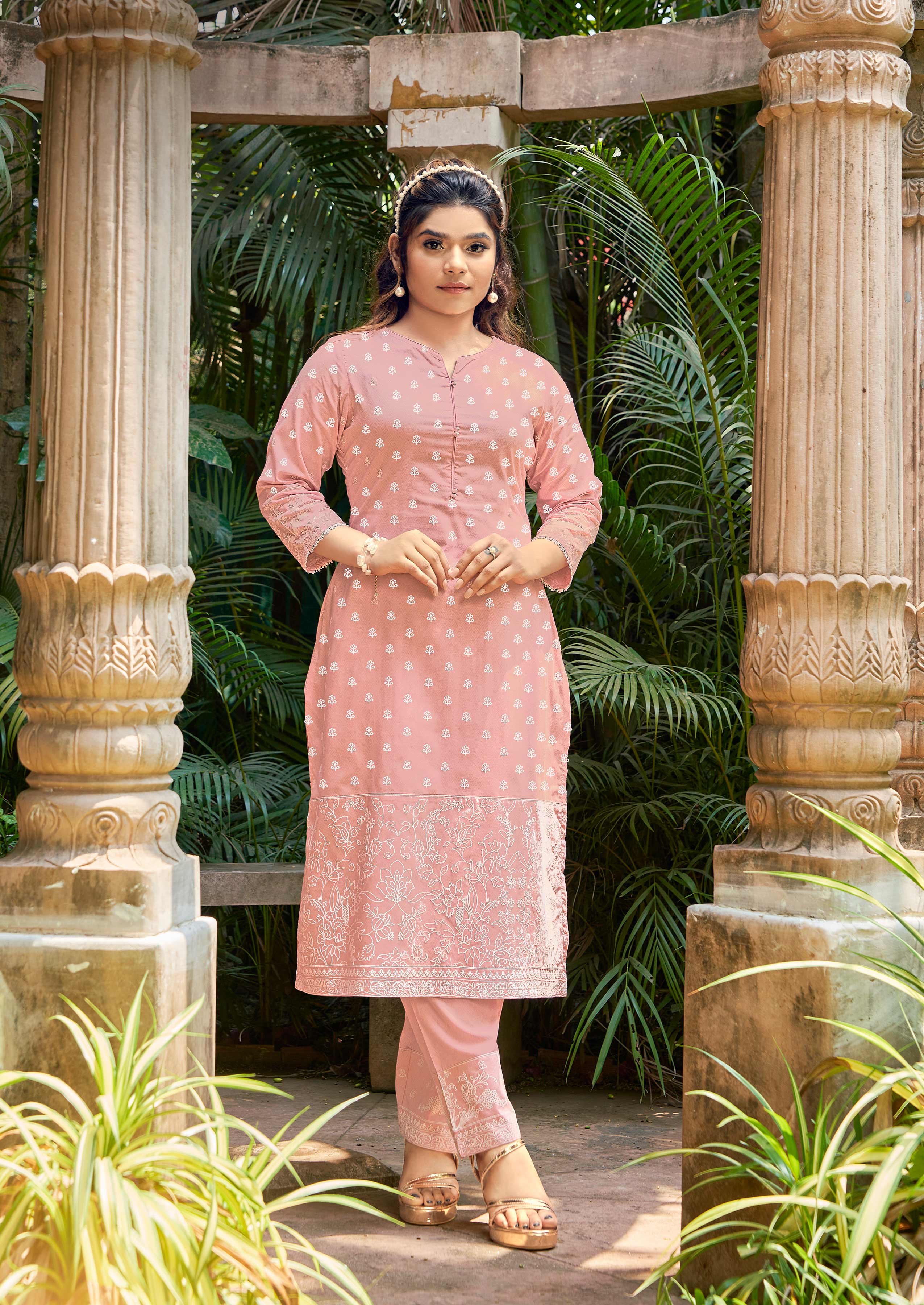 Laxmipati Sindoor Viscos Printed Straight Kurta with Trousers in Peach Color