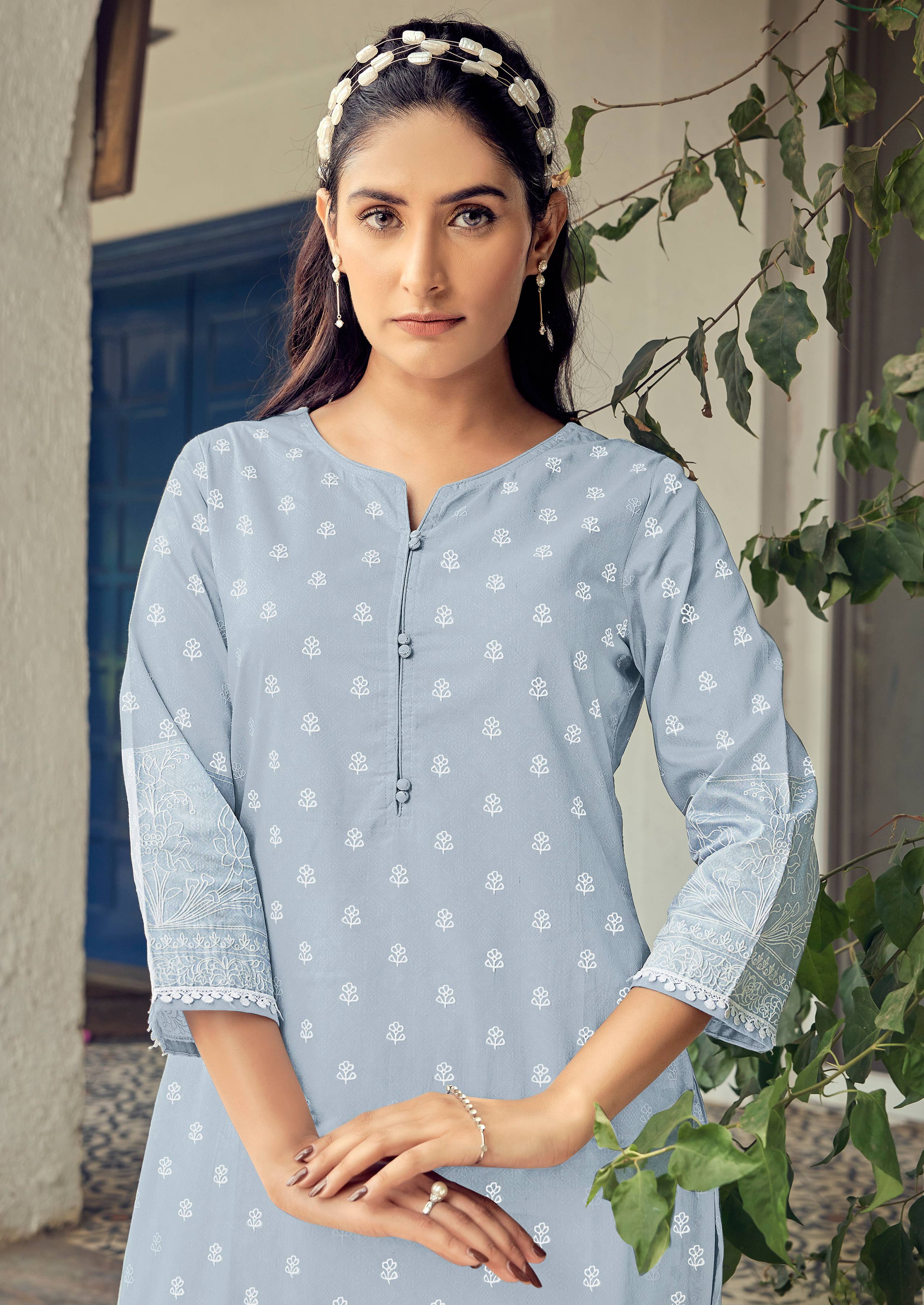 Laxmipati Sindoor Viscos Printed Straight Kurta with Trousers in Baby Blue Color