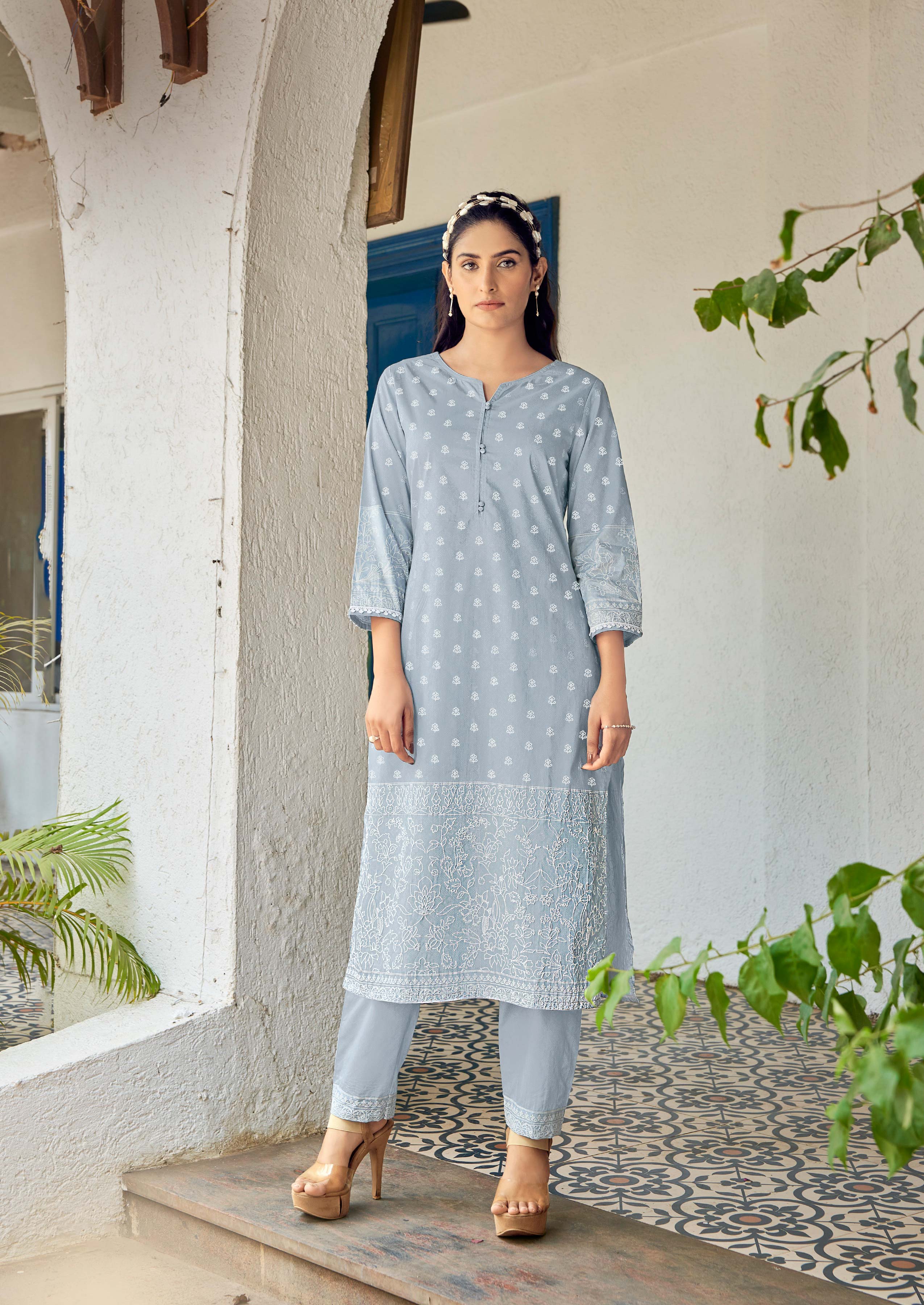 Laxmipati Sindoor Viscos Printed Straight Kurta with Trousers in Baby Blue Color
