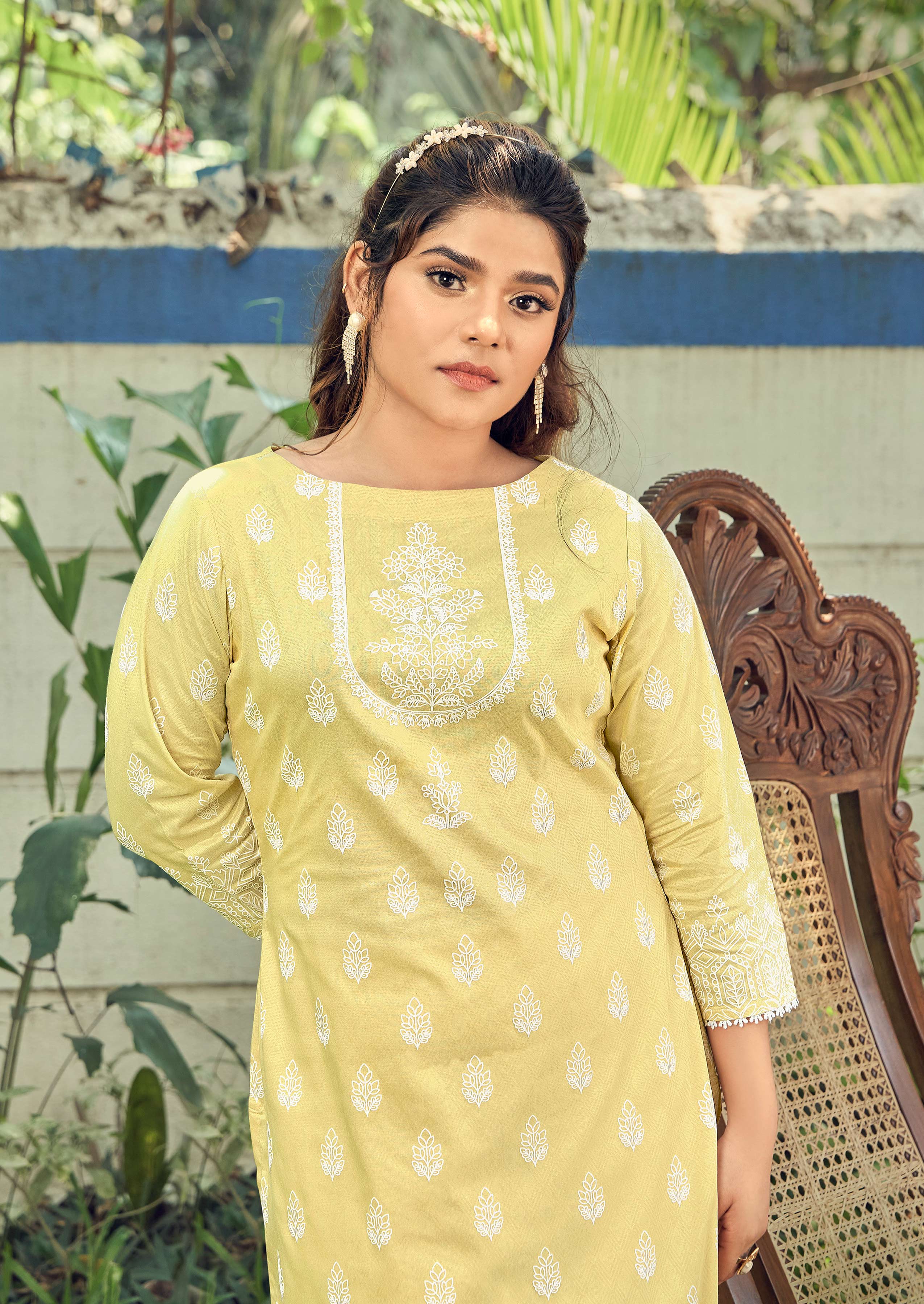 Laxmipati Sindoor Viscos Printed Straight Kurta with Trousers in Butter Yellow Color
