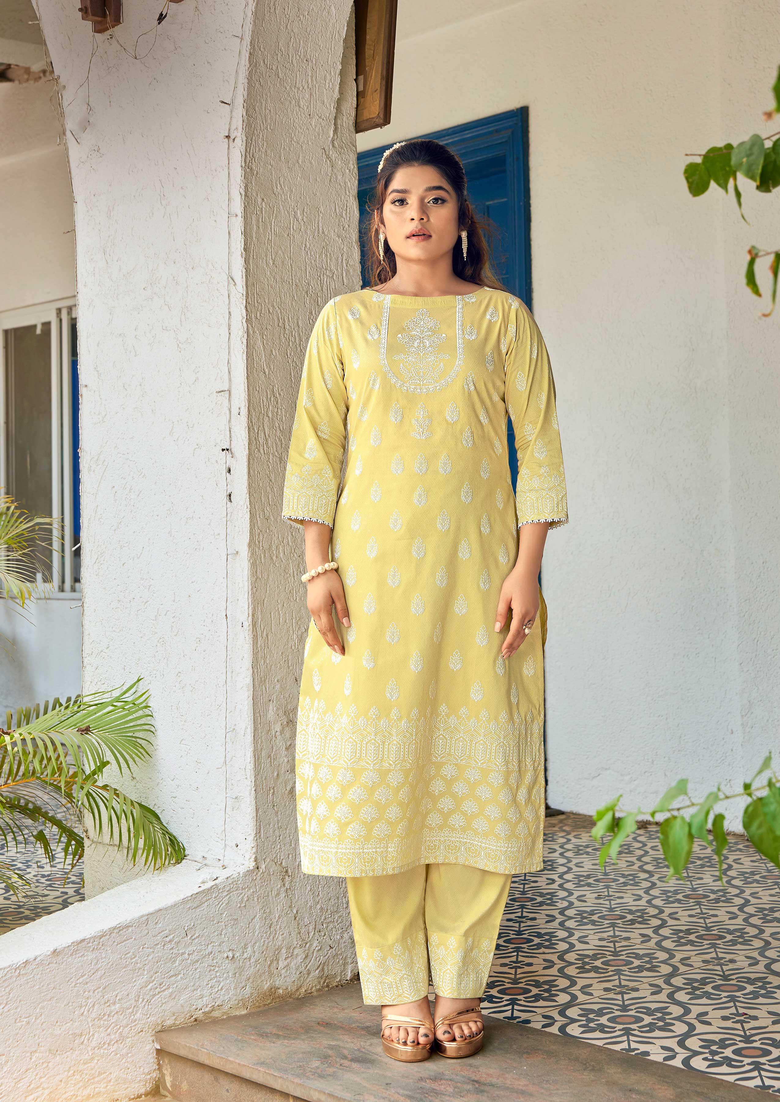 Laxmipati Sindoor Viscos Printed Straight Kurta with Trousers in Butter Yellow Color