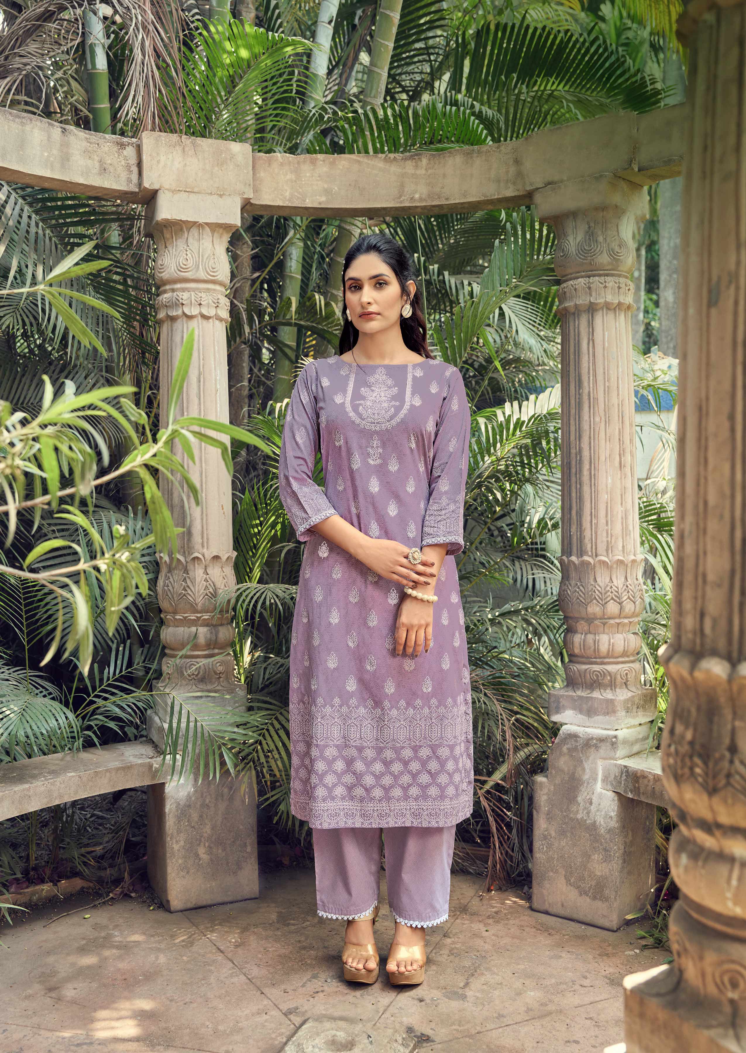 Laxmipati Sindoor Viscos Printed Straight Kurta with Trousers in Purple Color