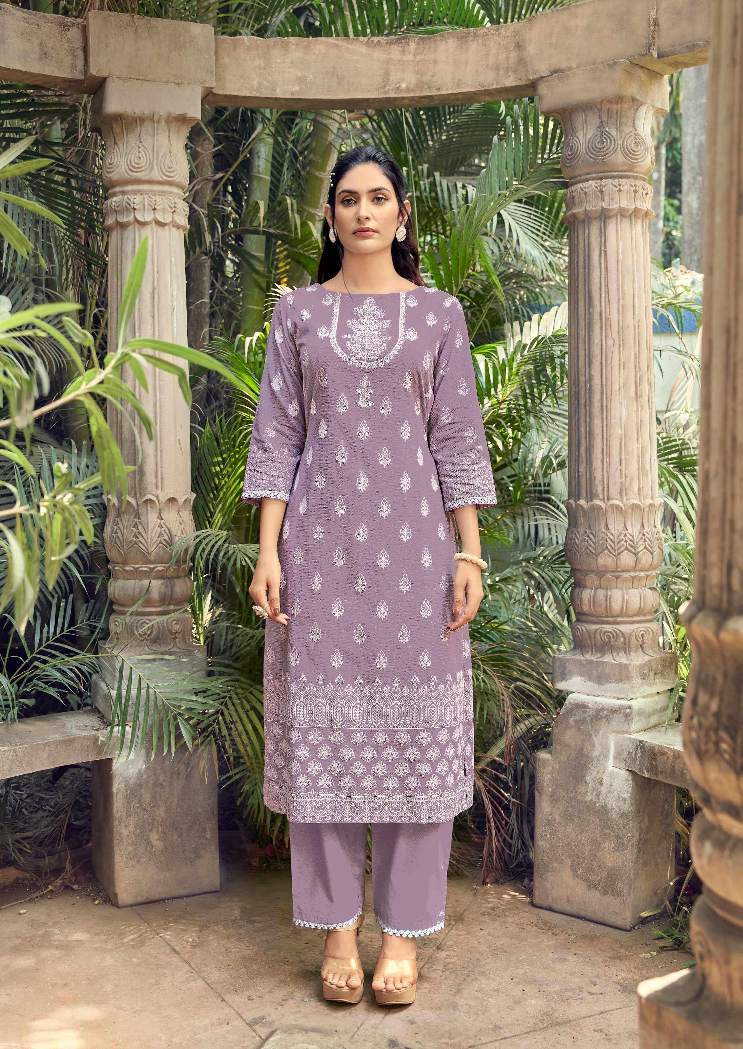 Laxmipati Sindoor Viscos Printed Straight Kurta with Trousers in Purple Color