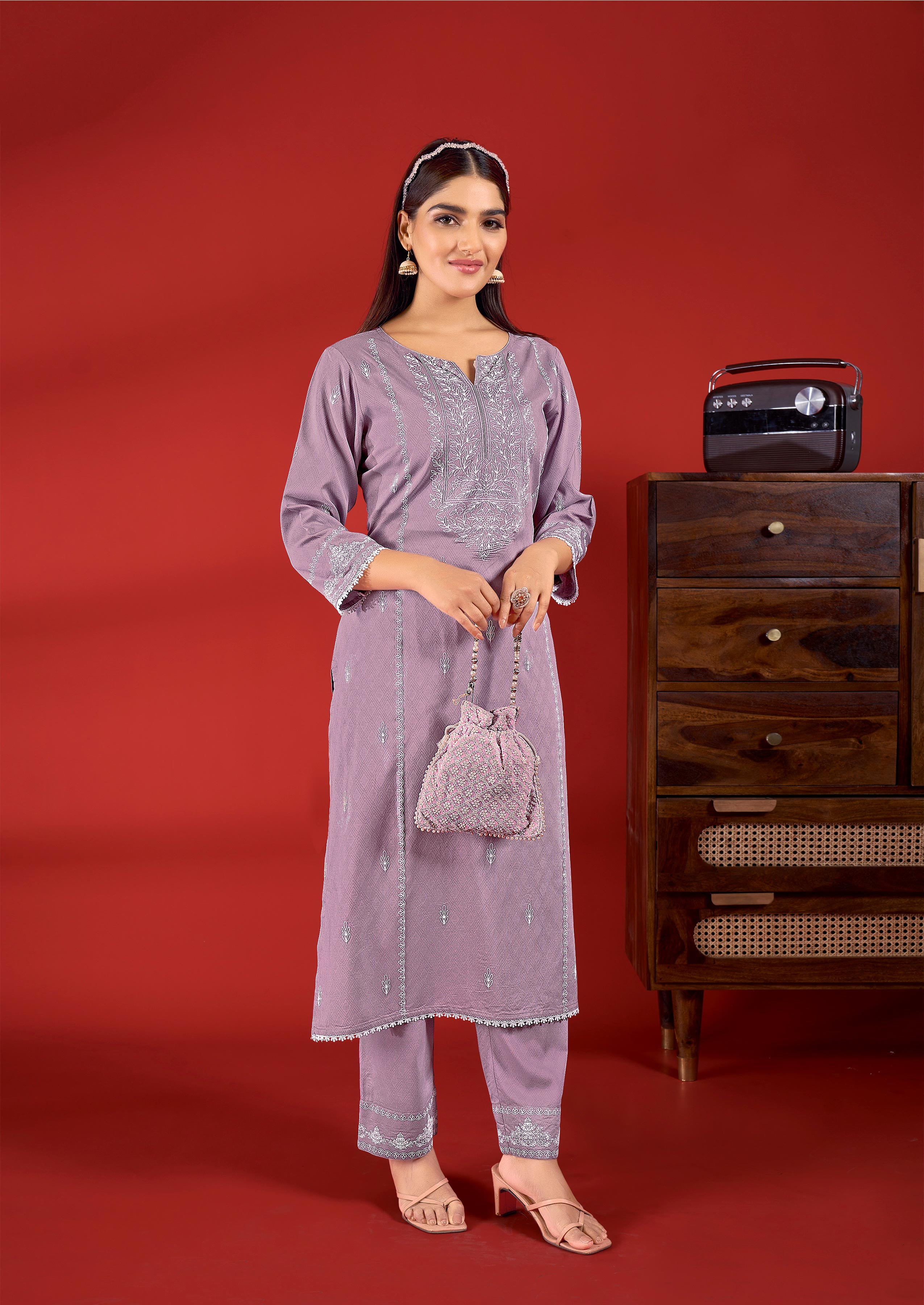 Laxmipati Sindoor Viscos Printed Straight Kurta with Trousers in Purple Color