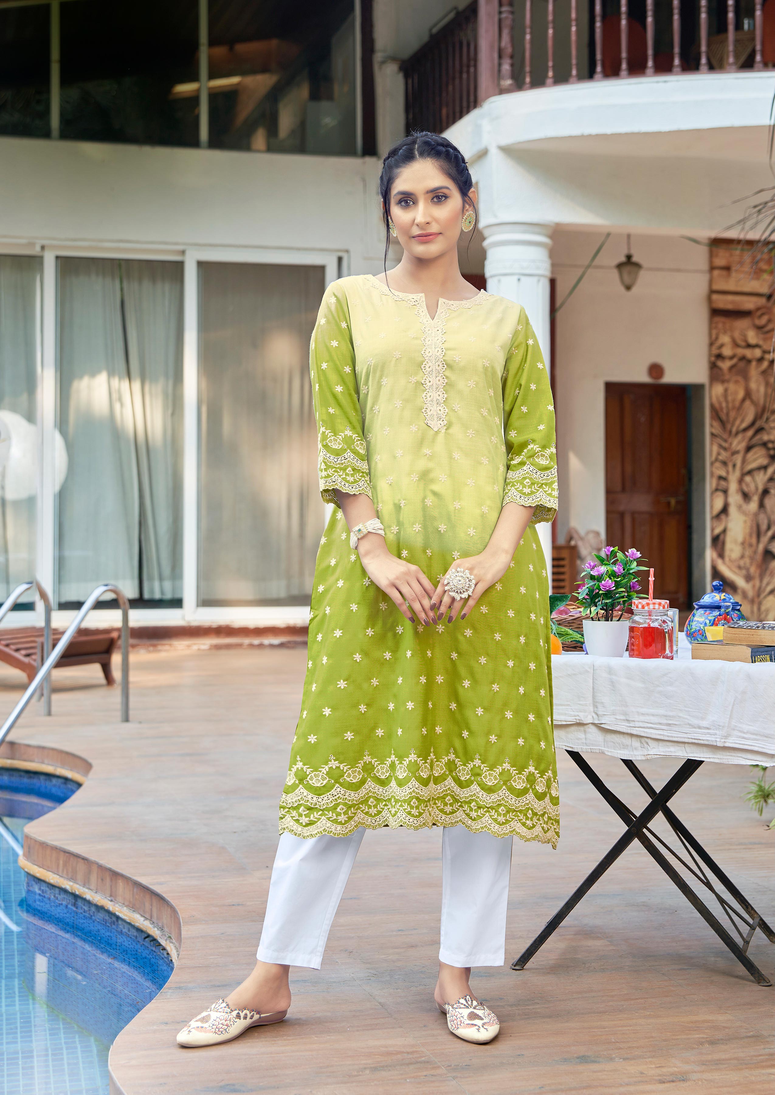 Laxmipati Ghevar Schiffli Embroidered Spun Cotton Straight Kurti in Green Color