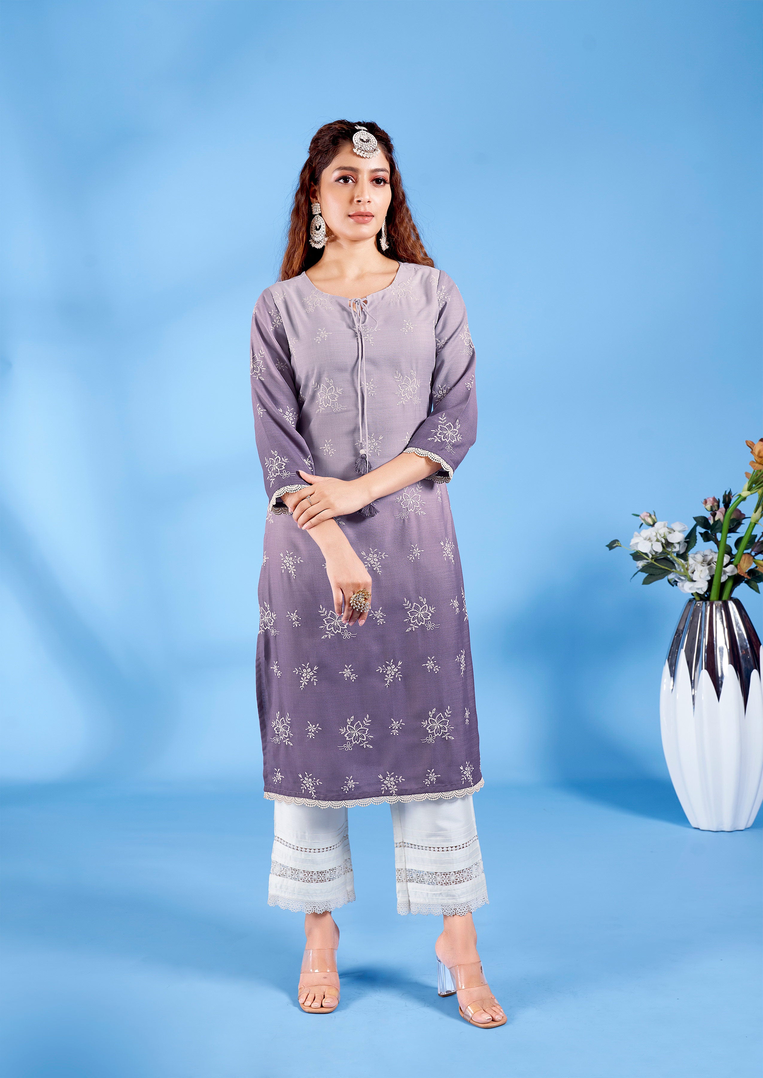 Laxmipati Ghevar Schiffli Embroidered Spun Cotton Straight Kurti in Purple Color
