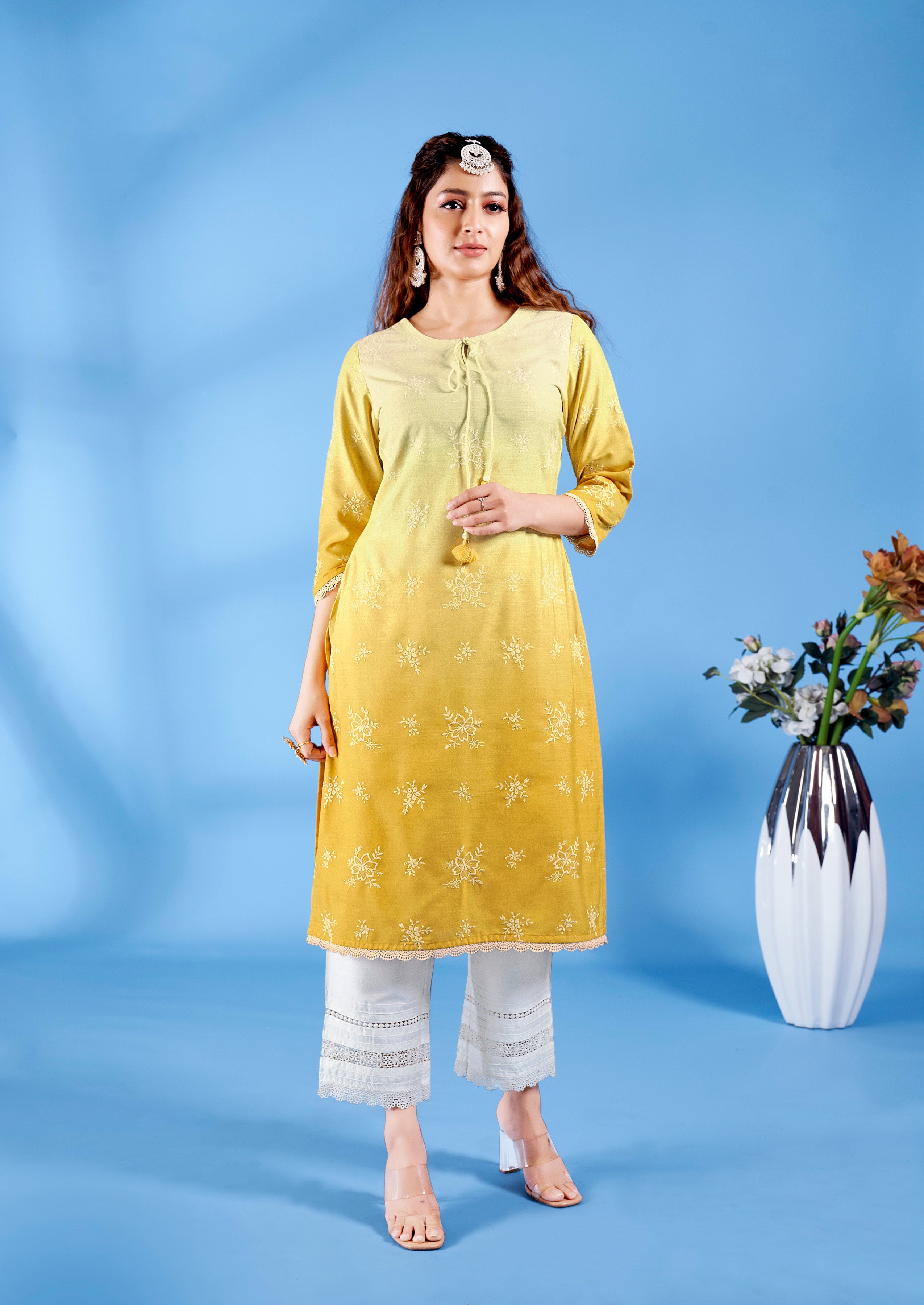 Laxmipati Ghevar Schiffli Embroidered Spun Cotton Straight Kurti in Yellow Color