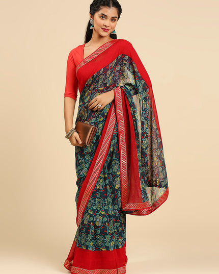 Laxmipati 7536 Poly Georgette Peacock Blue, Red Saree