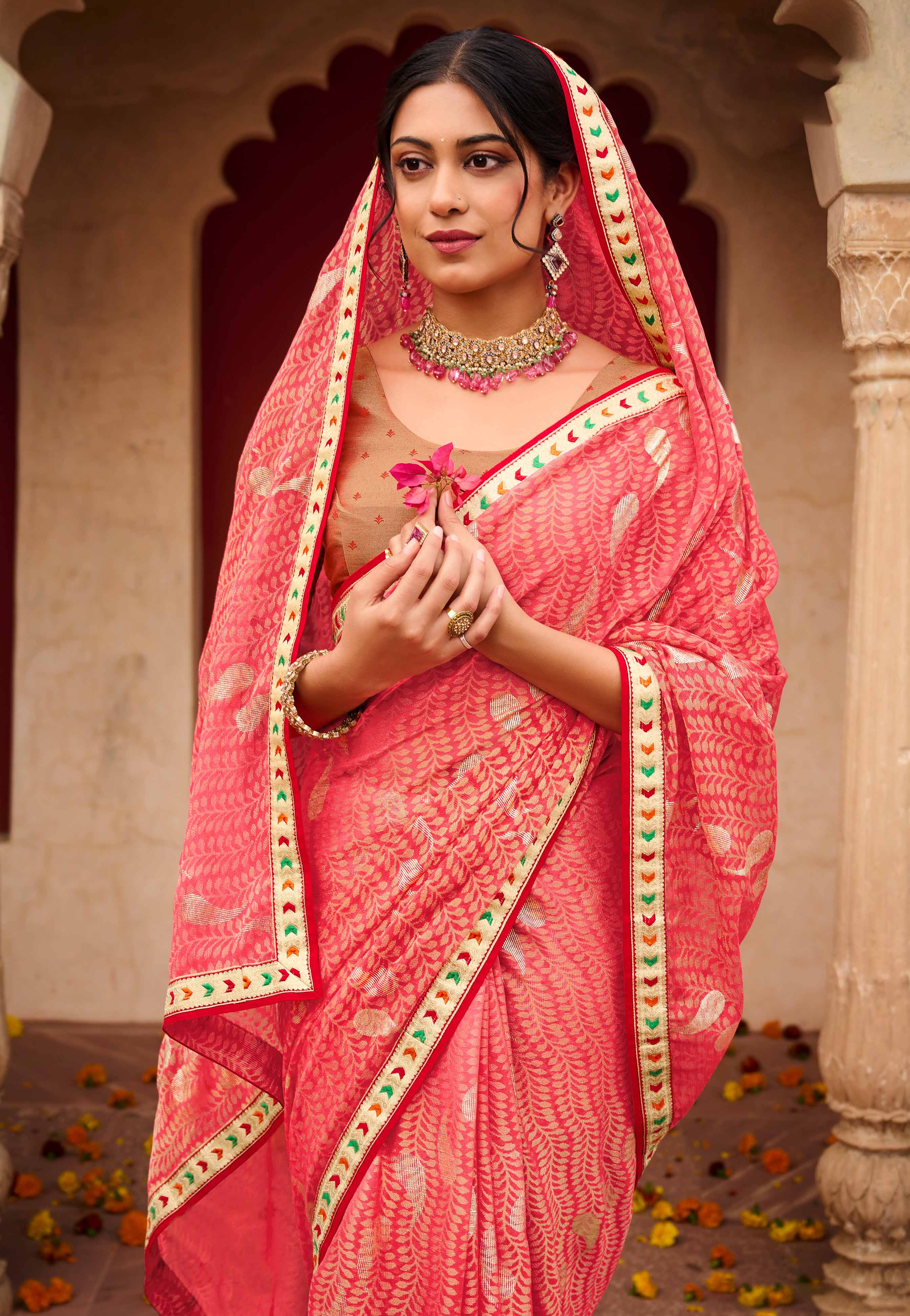 Laxmipati Chiffon Pink Floral Printed Saree