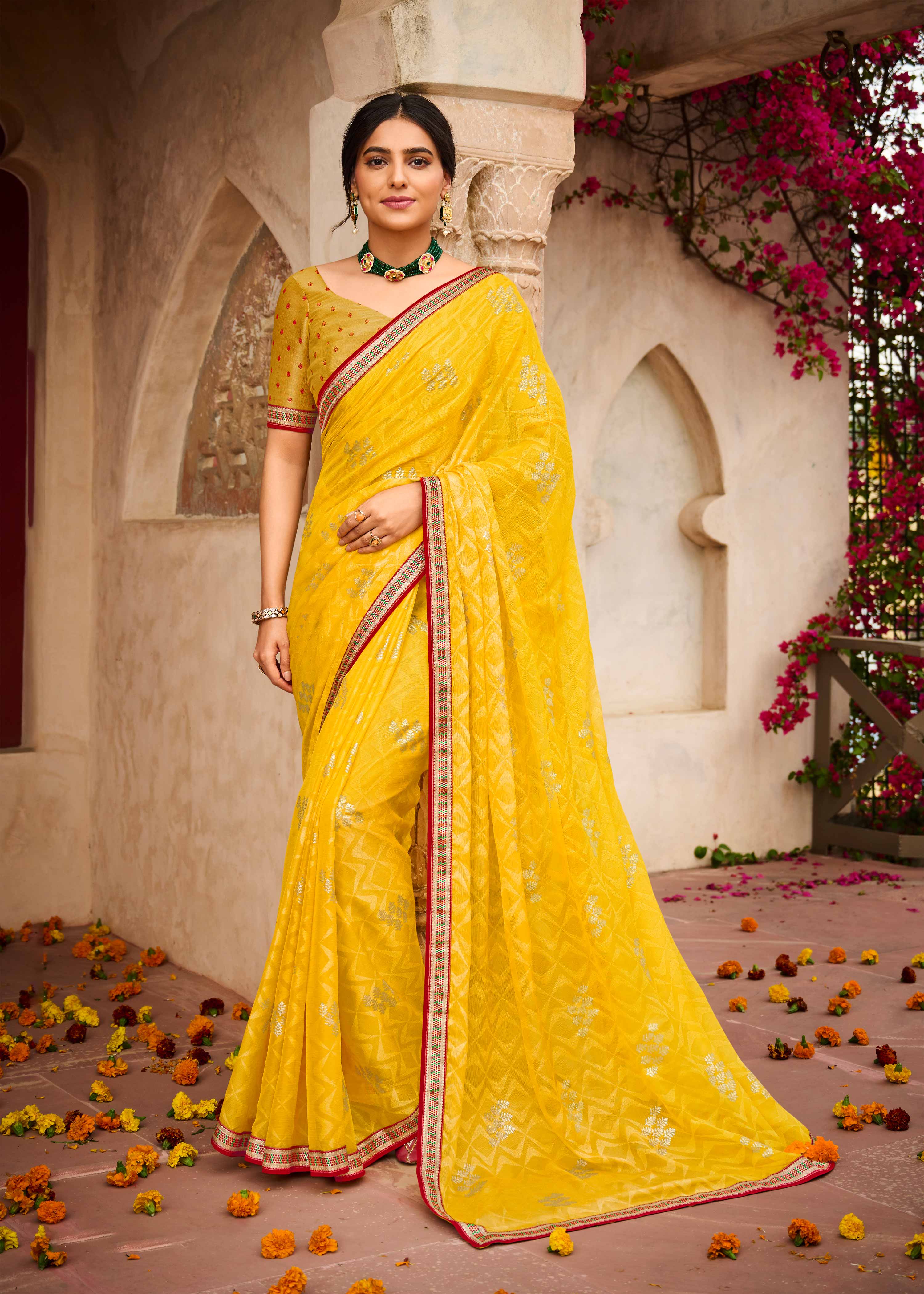 Laxmipati Geometric Yellow Chiffon Printed Saree