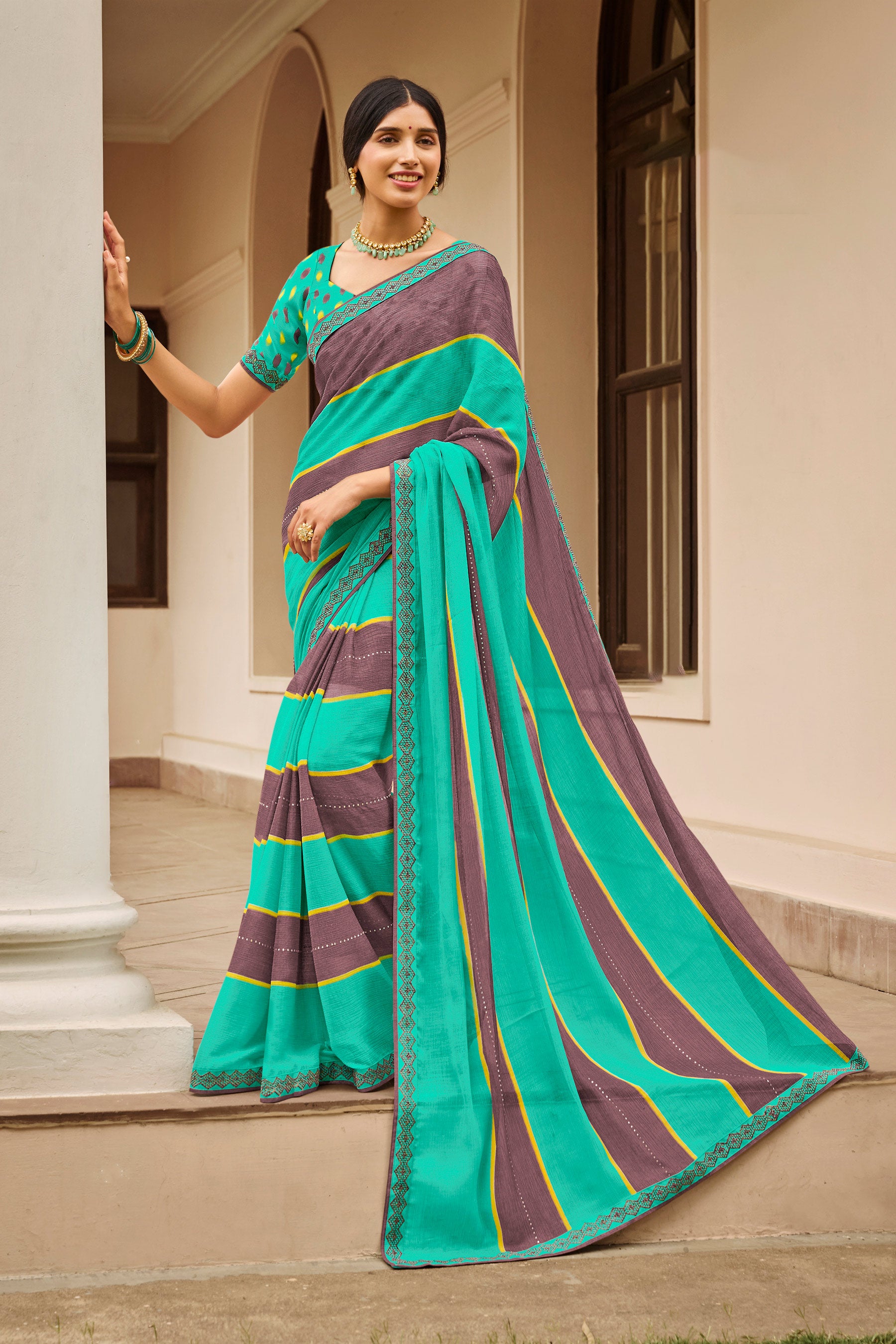Laxmipati Geometric Blue Chiffon Printed Saree