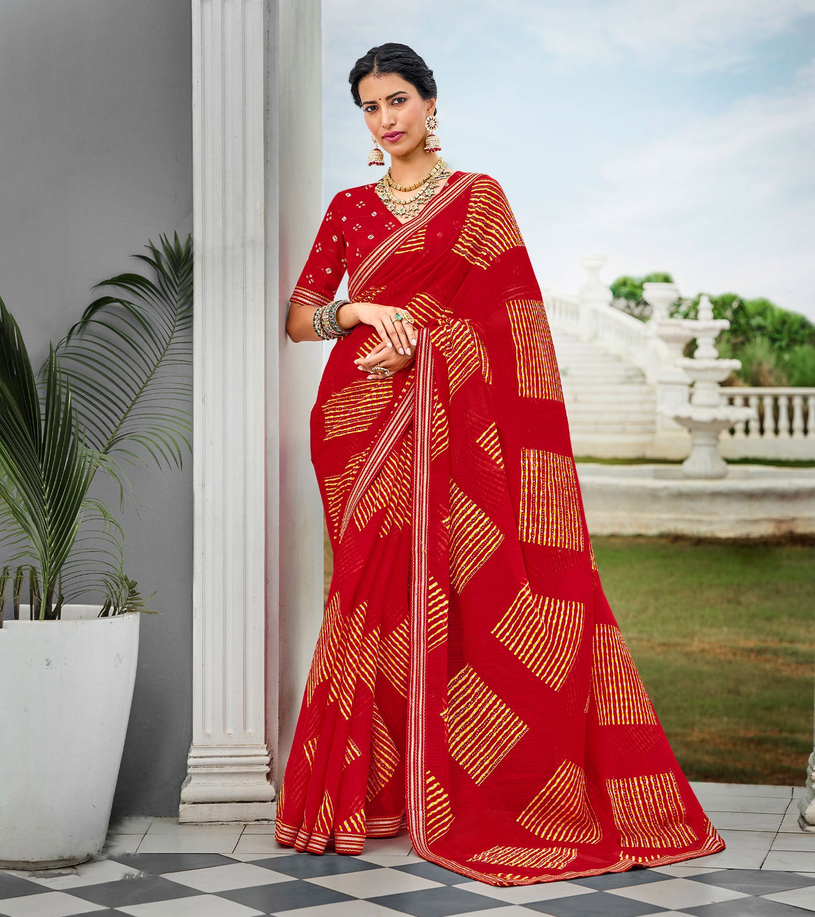 Laxmipati Chiffon Red Geometric Printed Saree