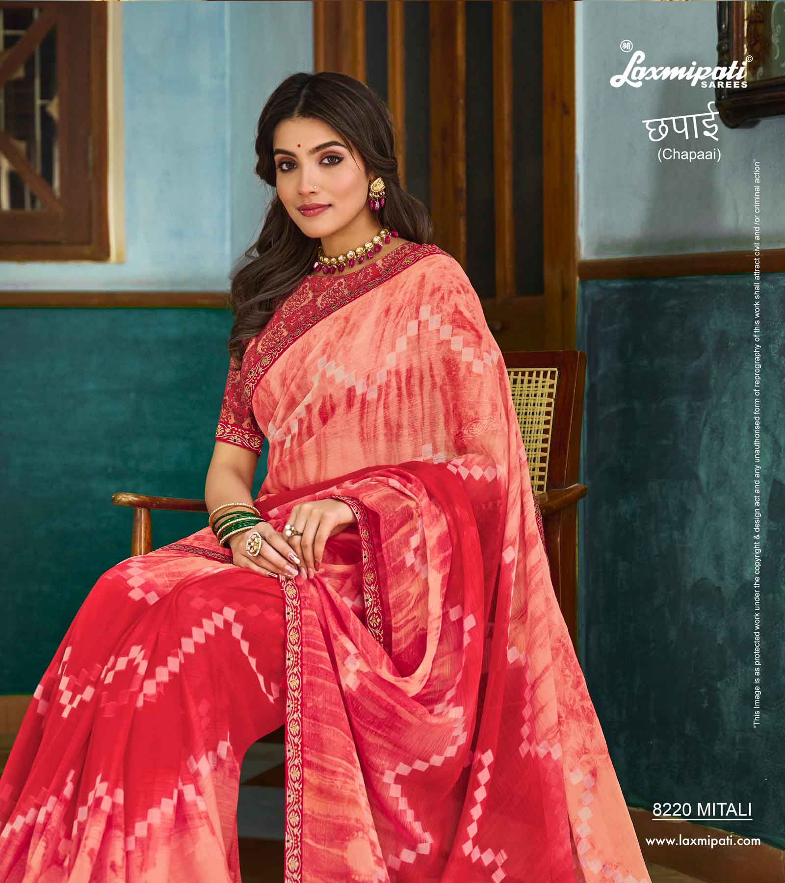 Laxmipati Chapaai 8220 Chiffon Butti Tomato Saree