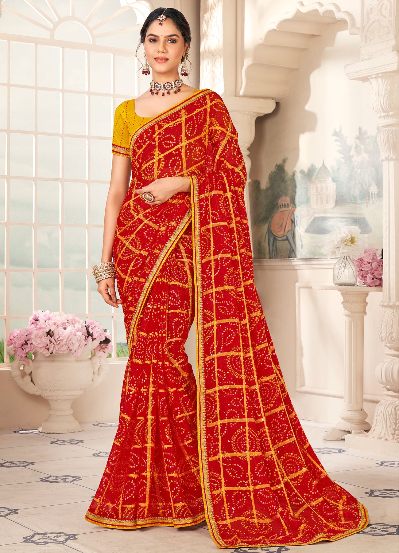 Ready to Wear Laxmipati Gharaana 8445 Chiffon Checks Red Saree