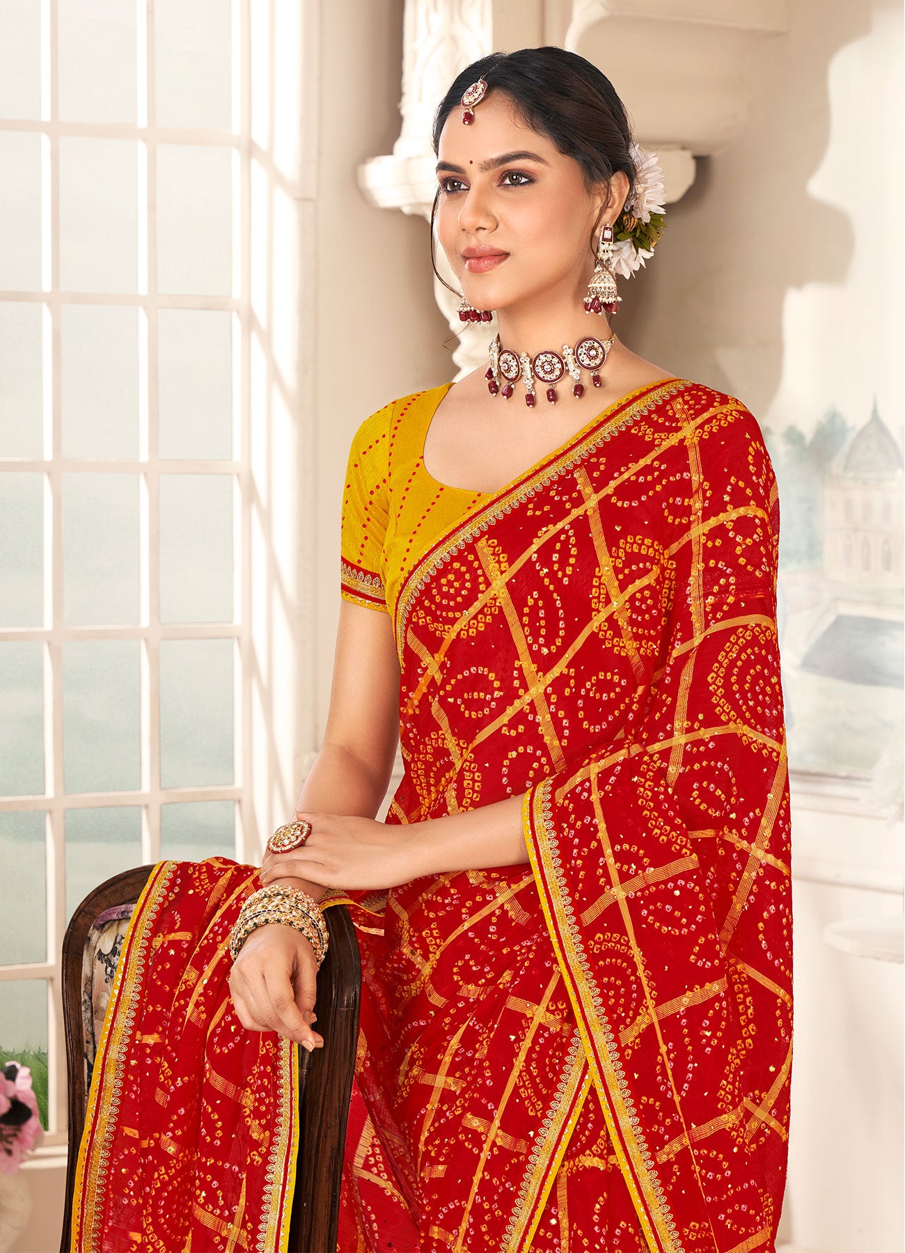 Laxmipati Gharaana 8445 Chiffon Checks Red Saree