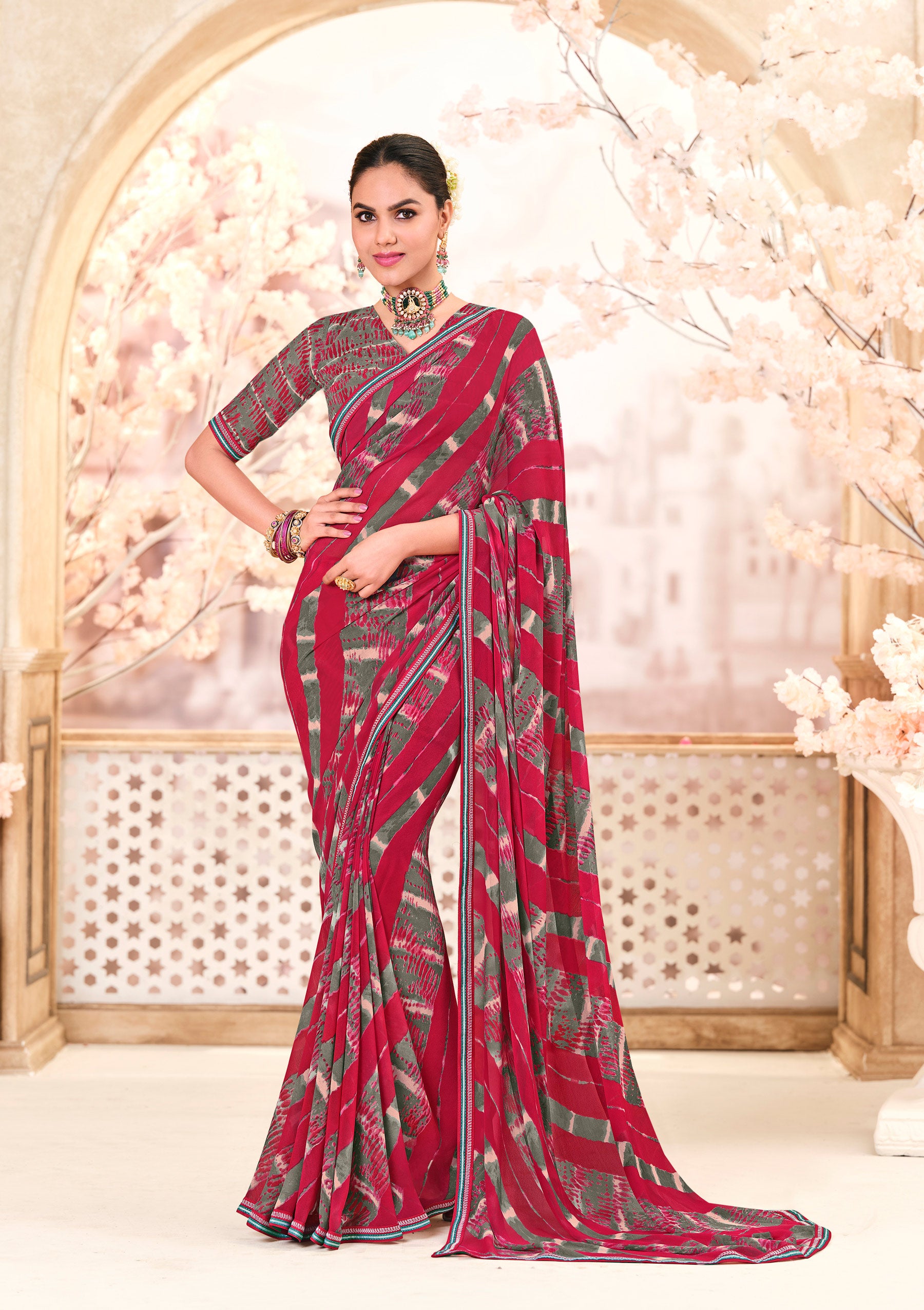 Ready to Wear Red Georgette Saree with Graceful Lace Border - Kitkat