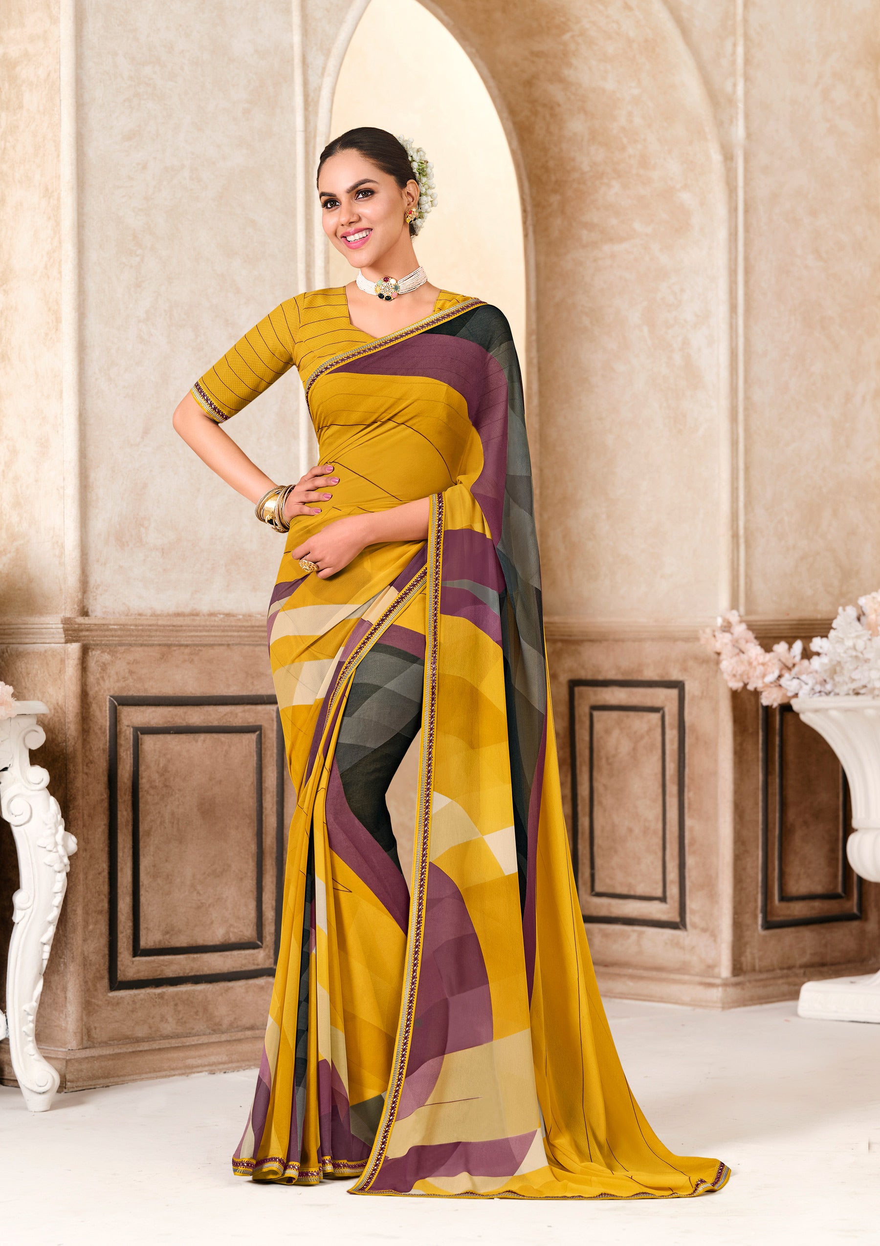 Ready to Wear Yellow Georgette Saree with Graceful Lace Border - Kitkat
