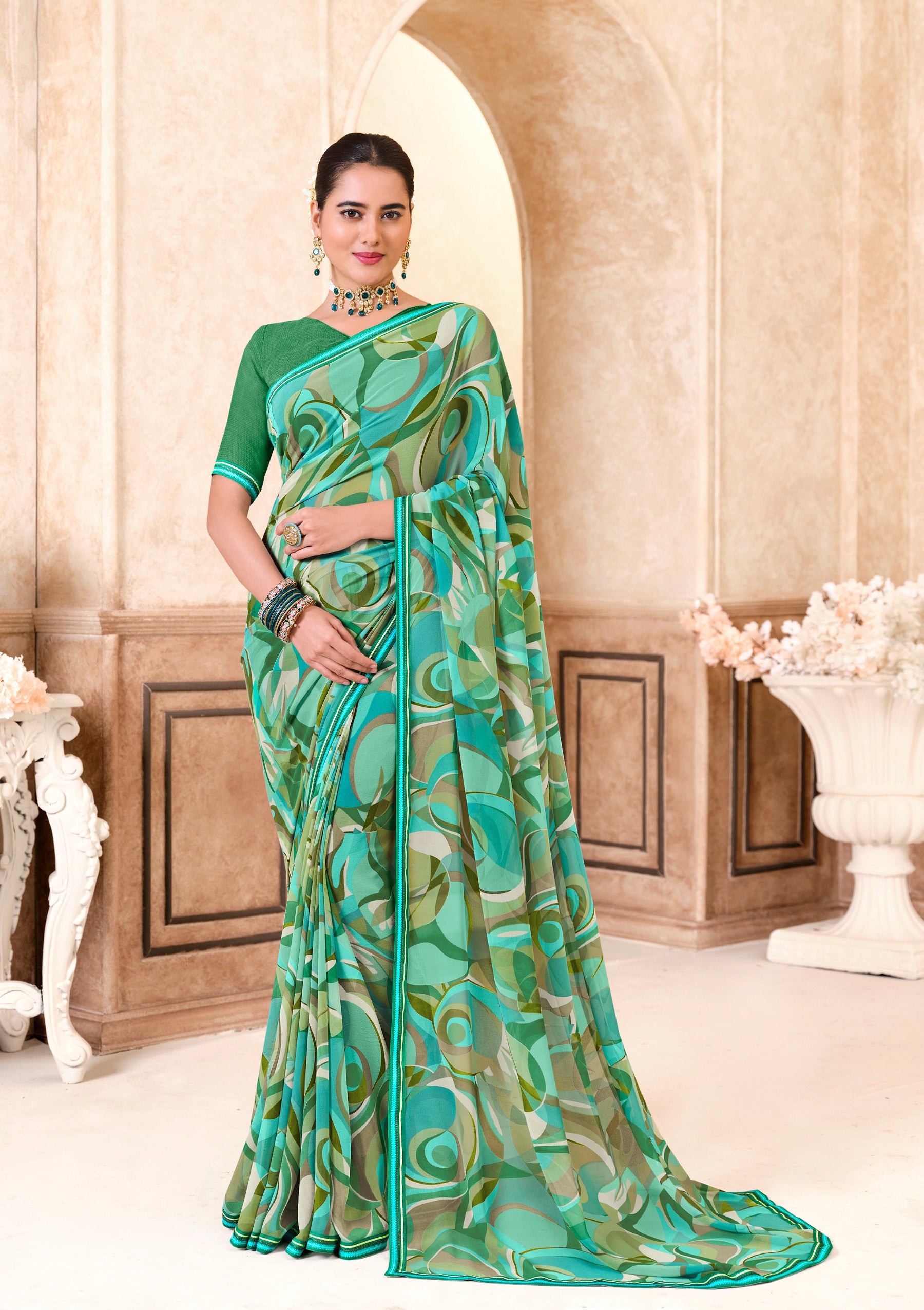 Ready to Wear Green Georgette Saree with Graceful Lace Border - Kitkat
