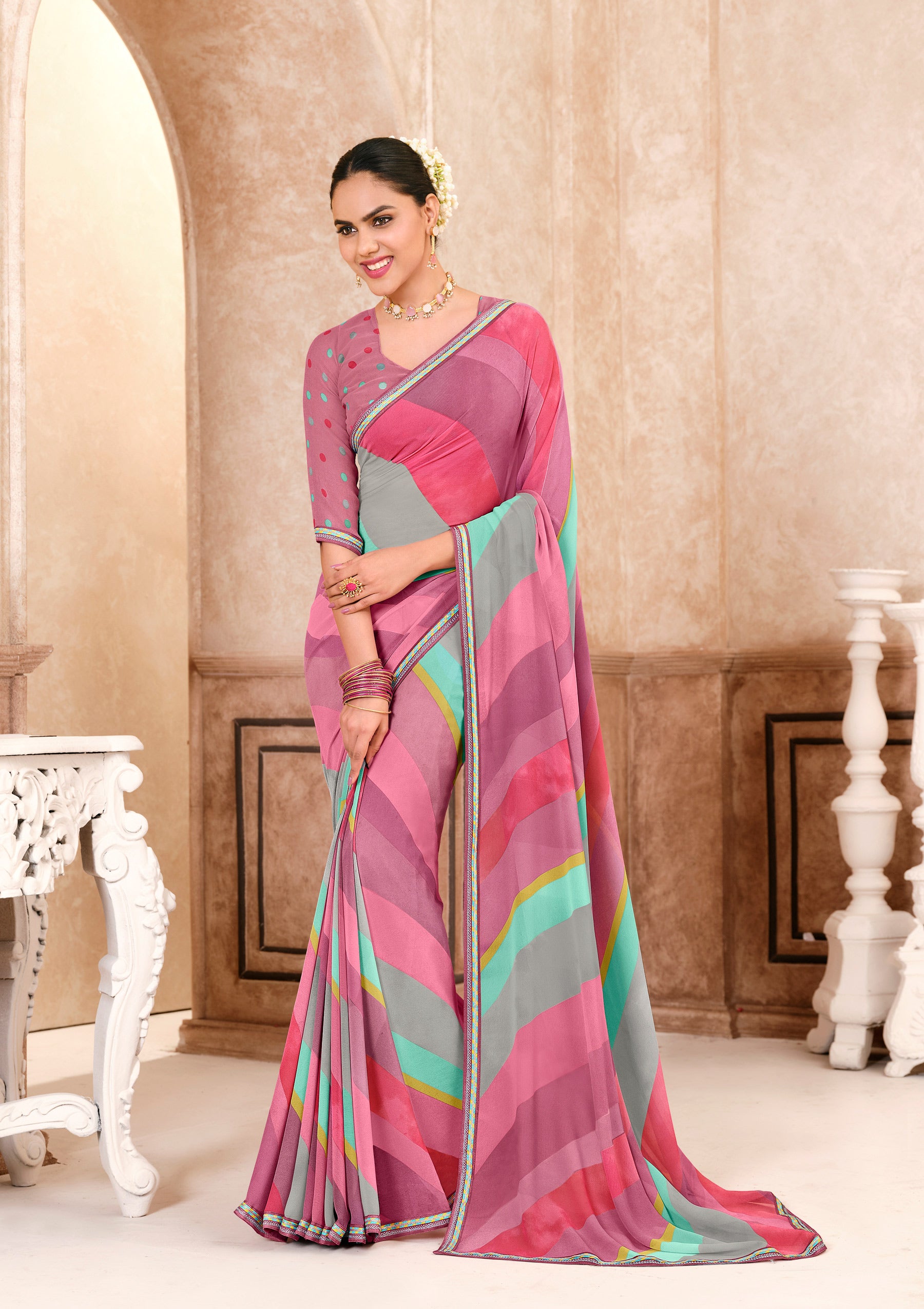 Ready to Wear Muliticolor Georgette Saree with Graceful Lace Border - Kitkat
