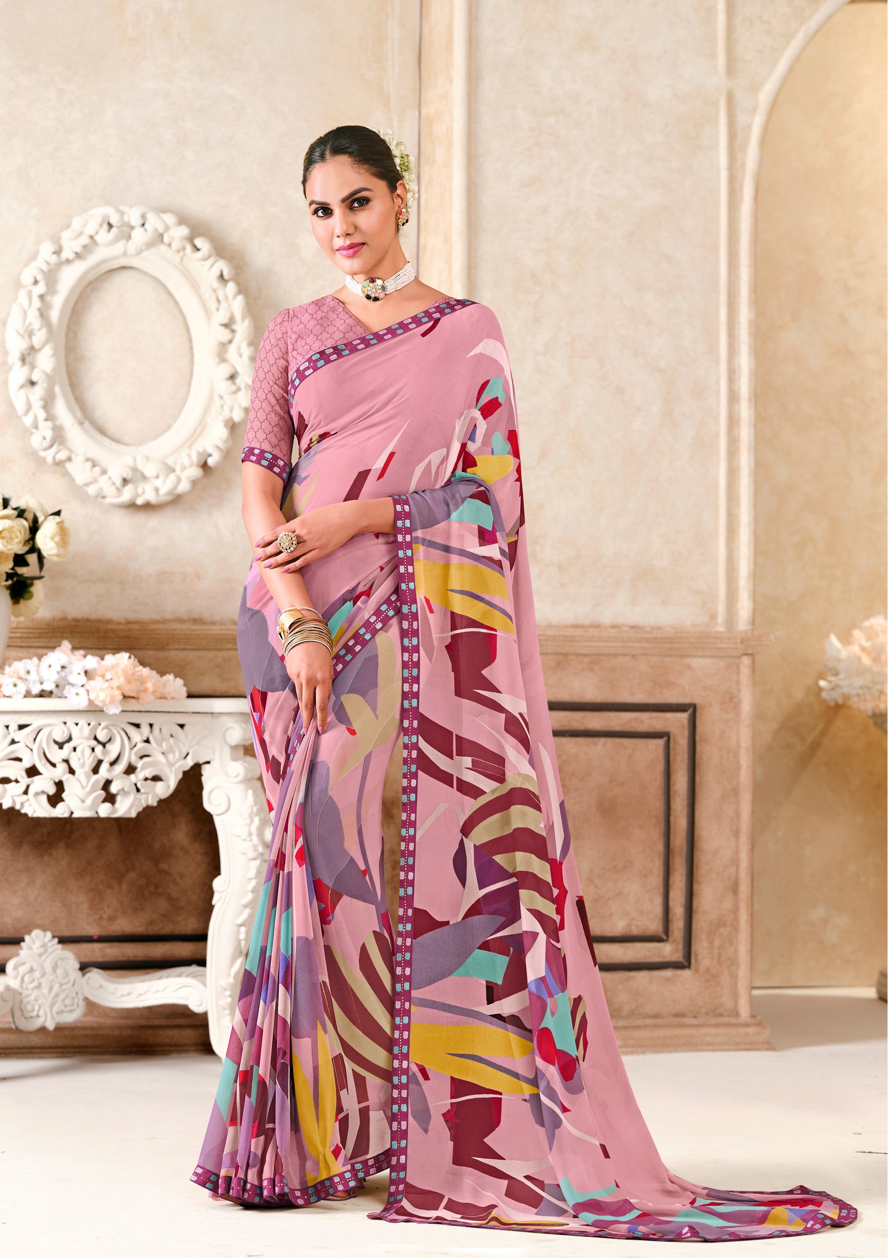 Multicolor Georgette Saree with Graceful Lace Border - Kitkat