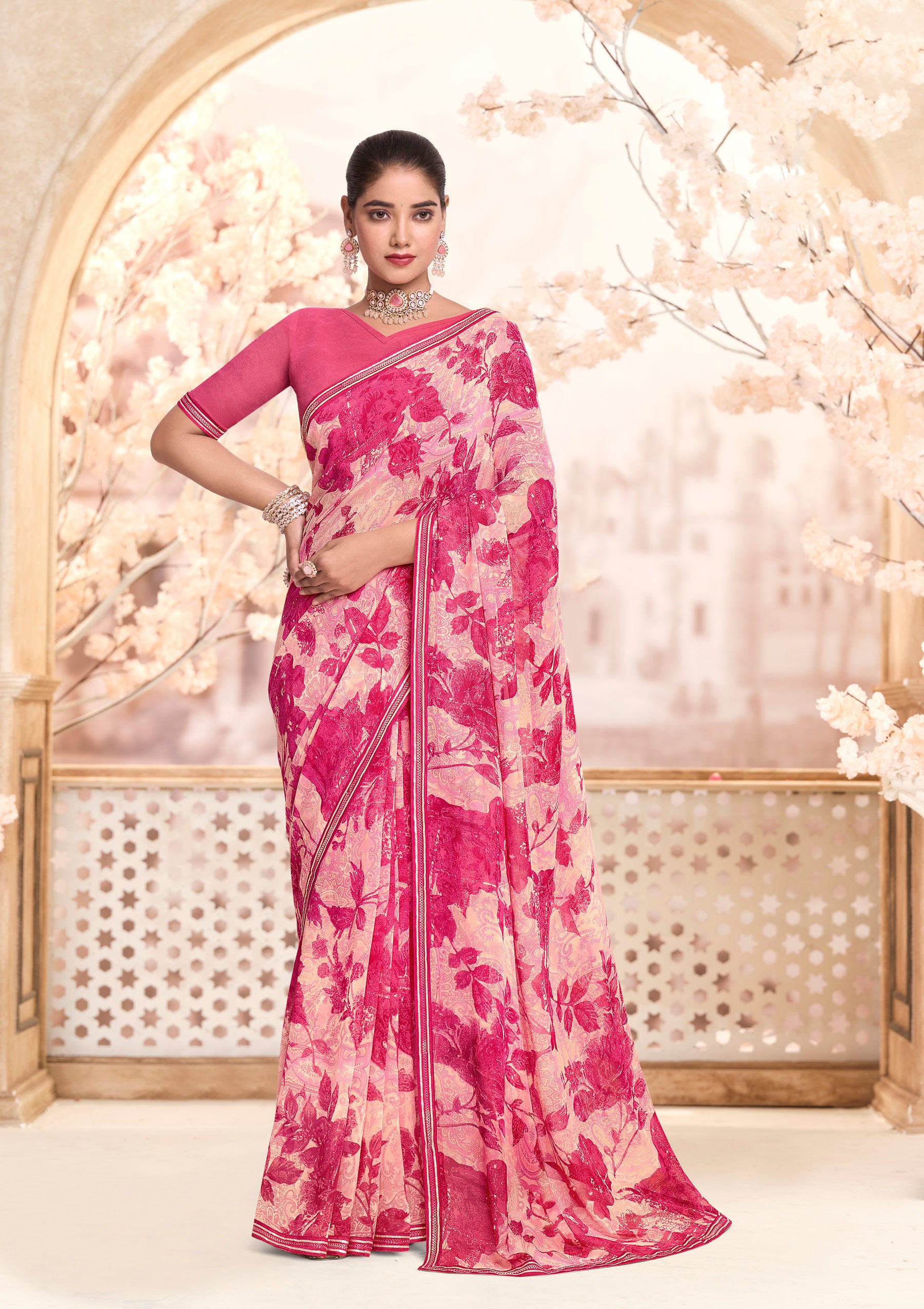 Ready to Wear Baby Pink Georgette Saree with Graceful Lace Border - Kitkat