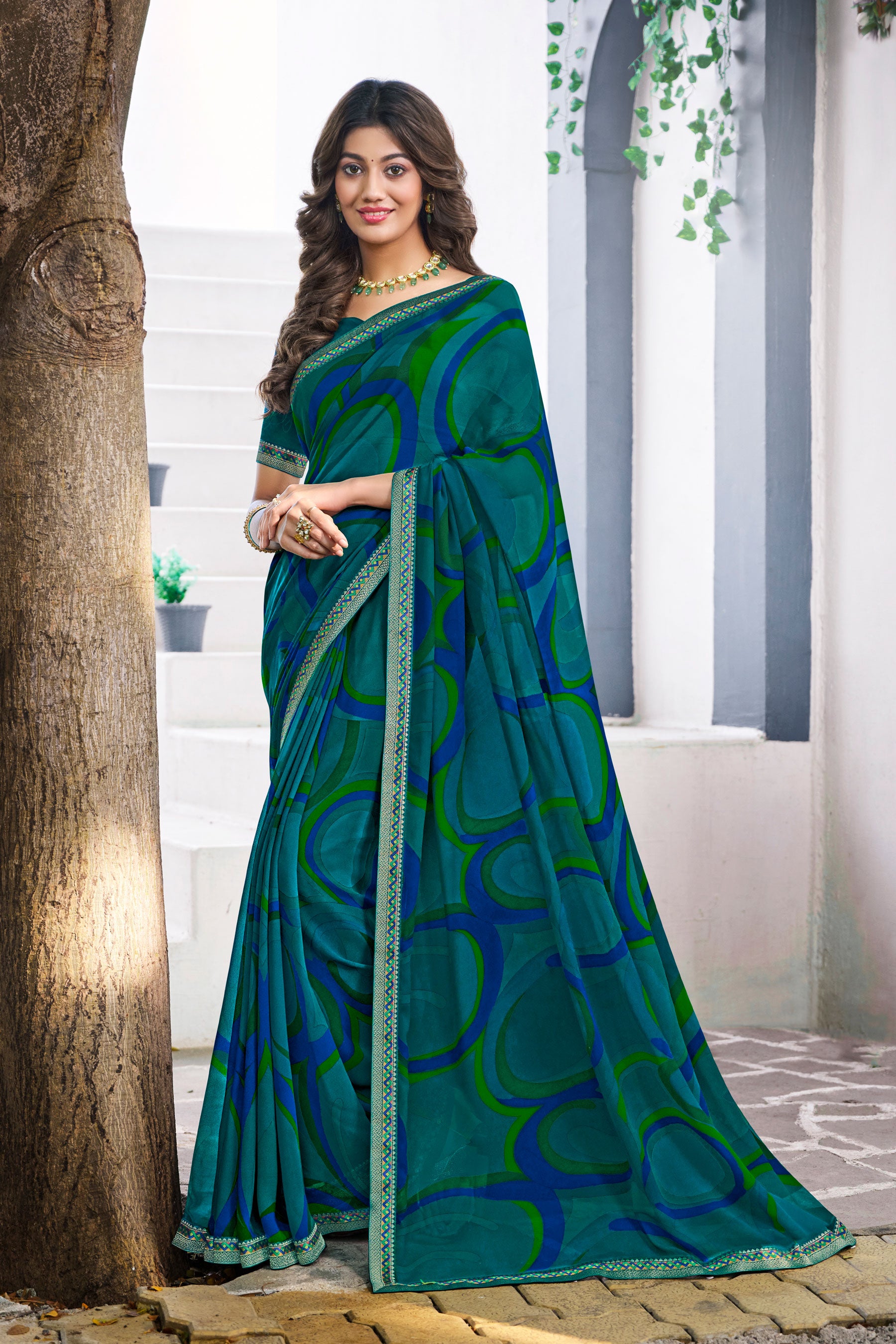 Blue Georgette Saree with Geometric Print - Nazaara