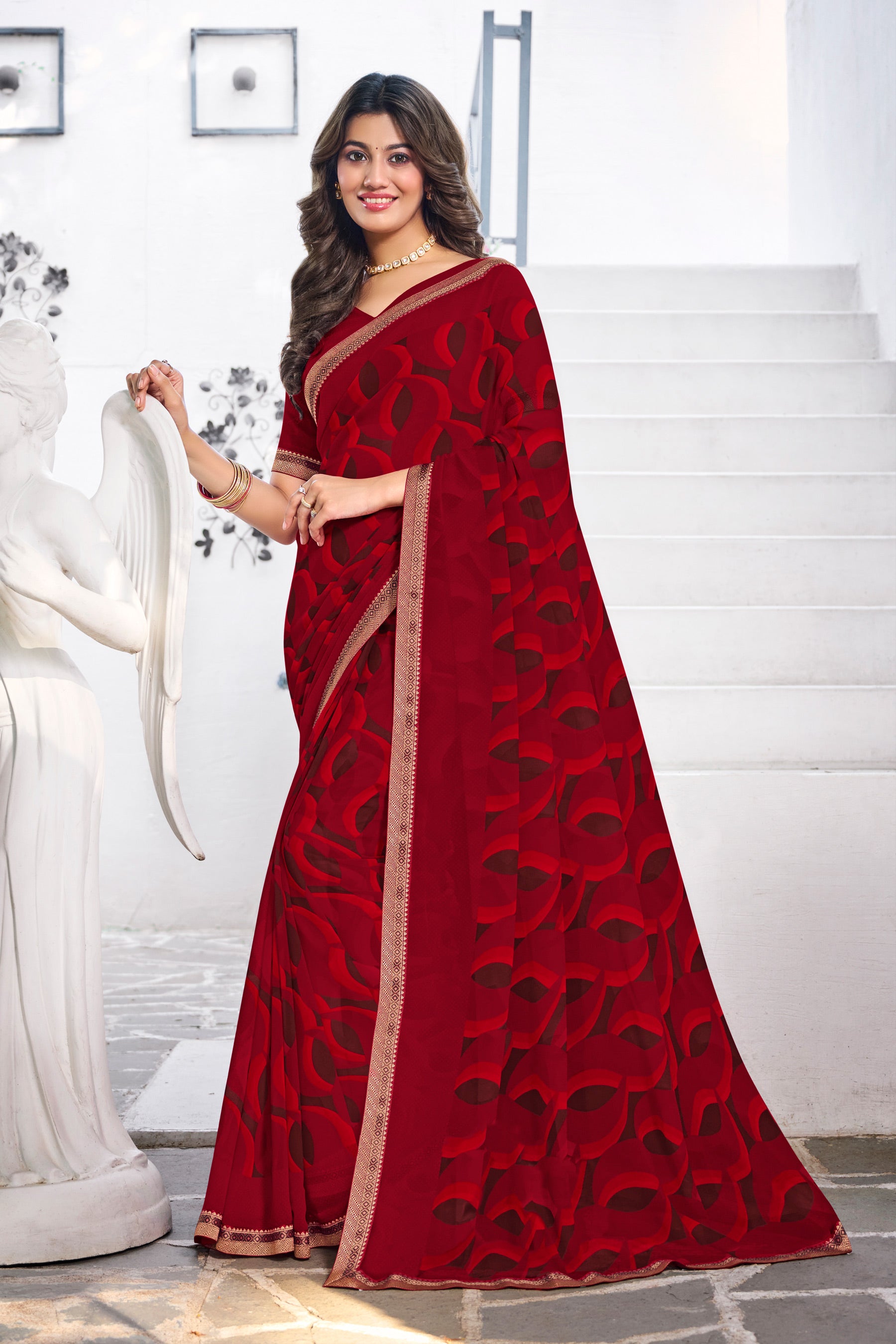 Red Georgette Saree with Abstract Print - Nazaara