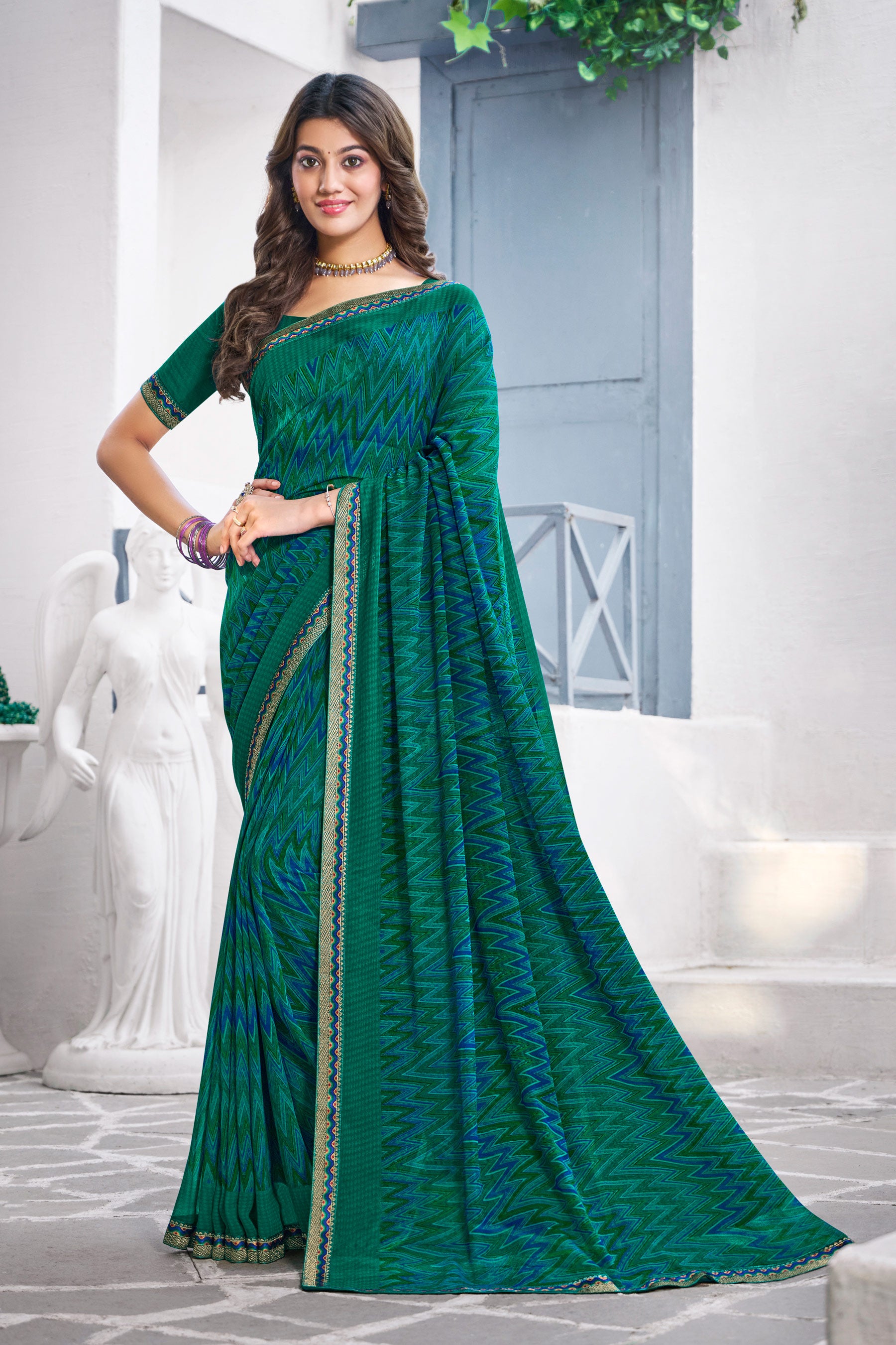 Teal Georgette Saree with Geometric Print- Nazaara