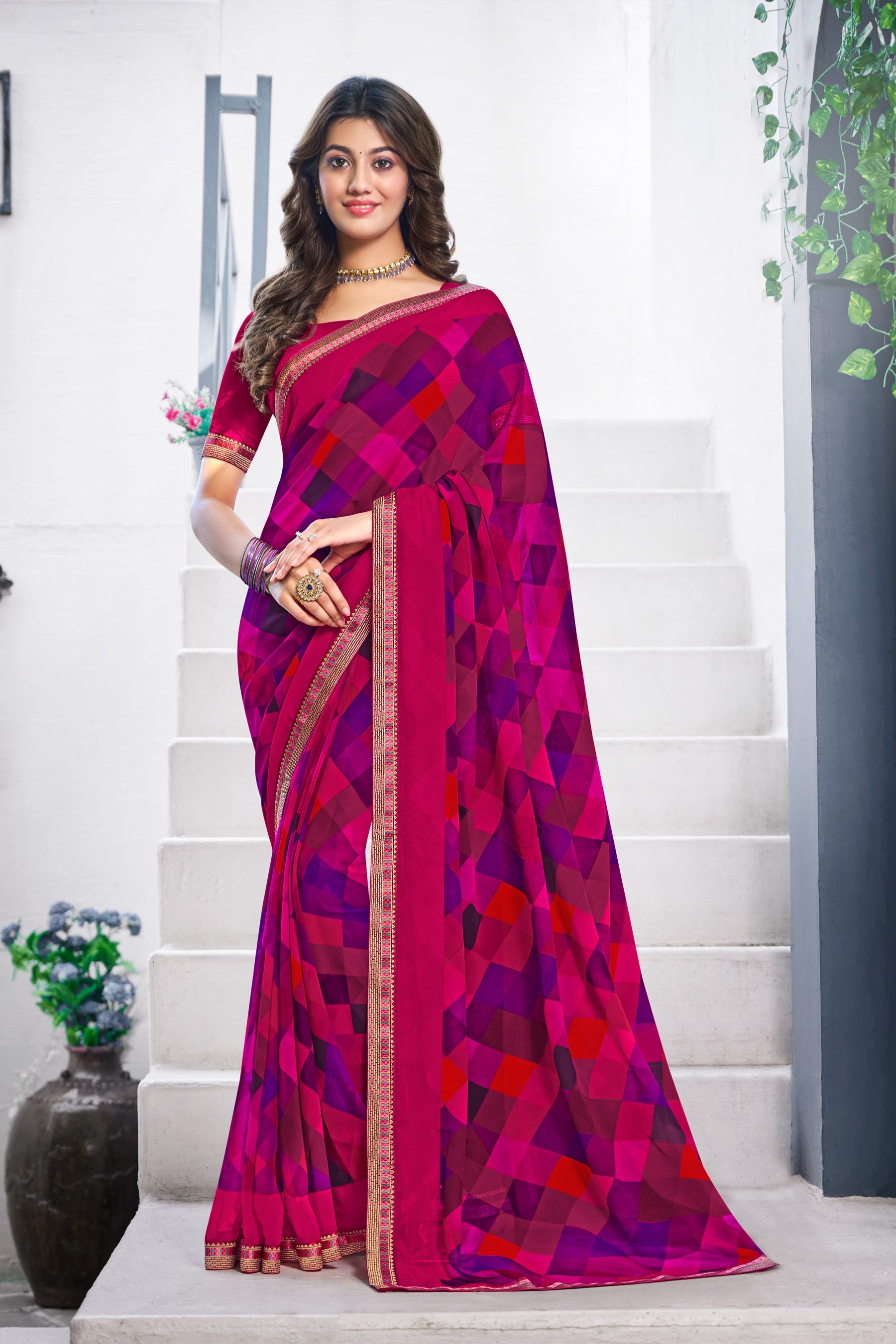 Pink Georgette Saree with Geometric Print - Nazaara